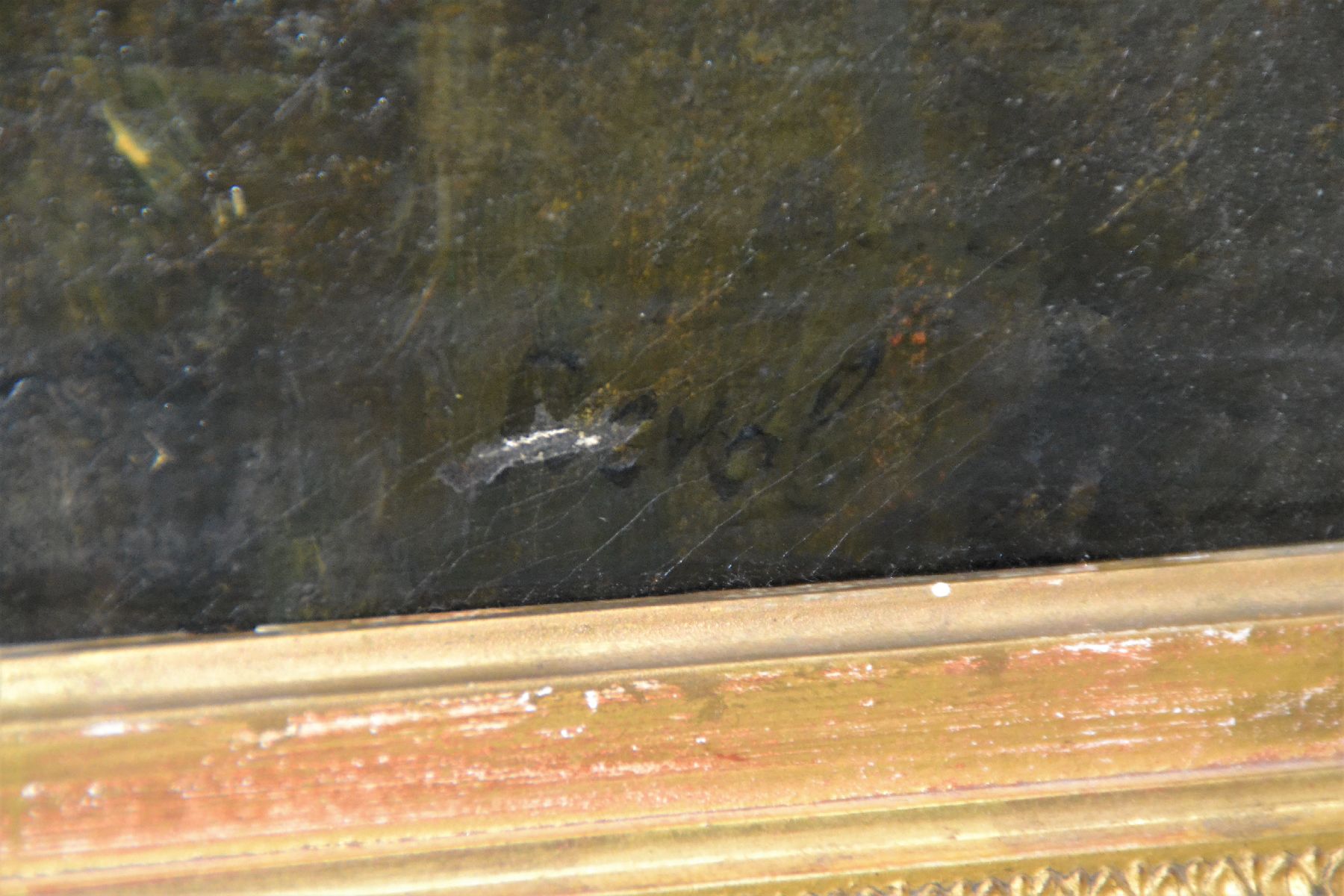Detail d: Revol o.ä., französischer Impressionist, Ende 19. Jh., Baum bestandener Kanal mit Angler im Boot, impressionistischer Einfluss der Barbizon-Schule, ...