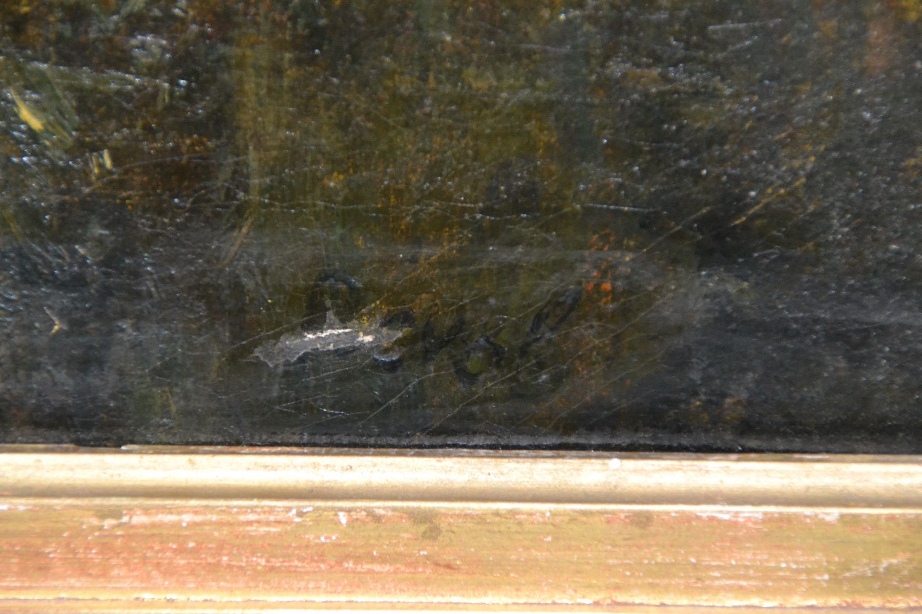 Detail e: Revol o.ä., französischer Impressionist, Ende 19. Jh., Baum bestandener Kanal mit Angler im Boot, impressionistischer Einfluss der Barbizon-Schule, ...