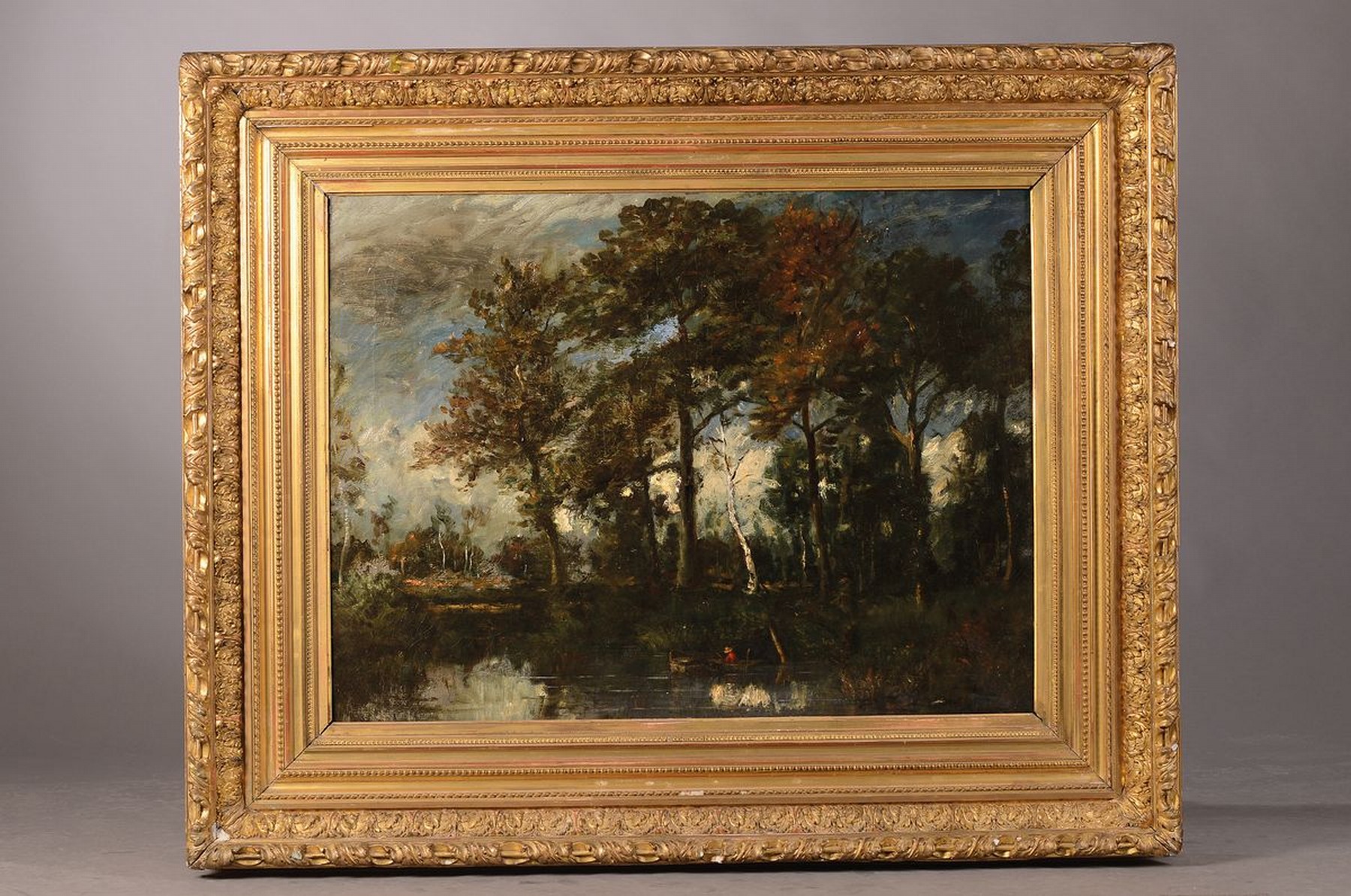 Detail k: Revol o.ä., französischer Impressionist, Ende 19. Jh., Baum bestandener Kanal mit Angler im Boot, impressionistischer Einfluss der Barbizon-Schule, ...