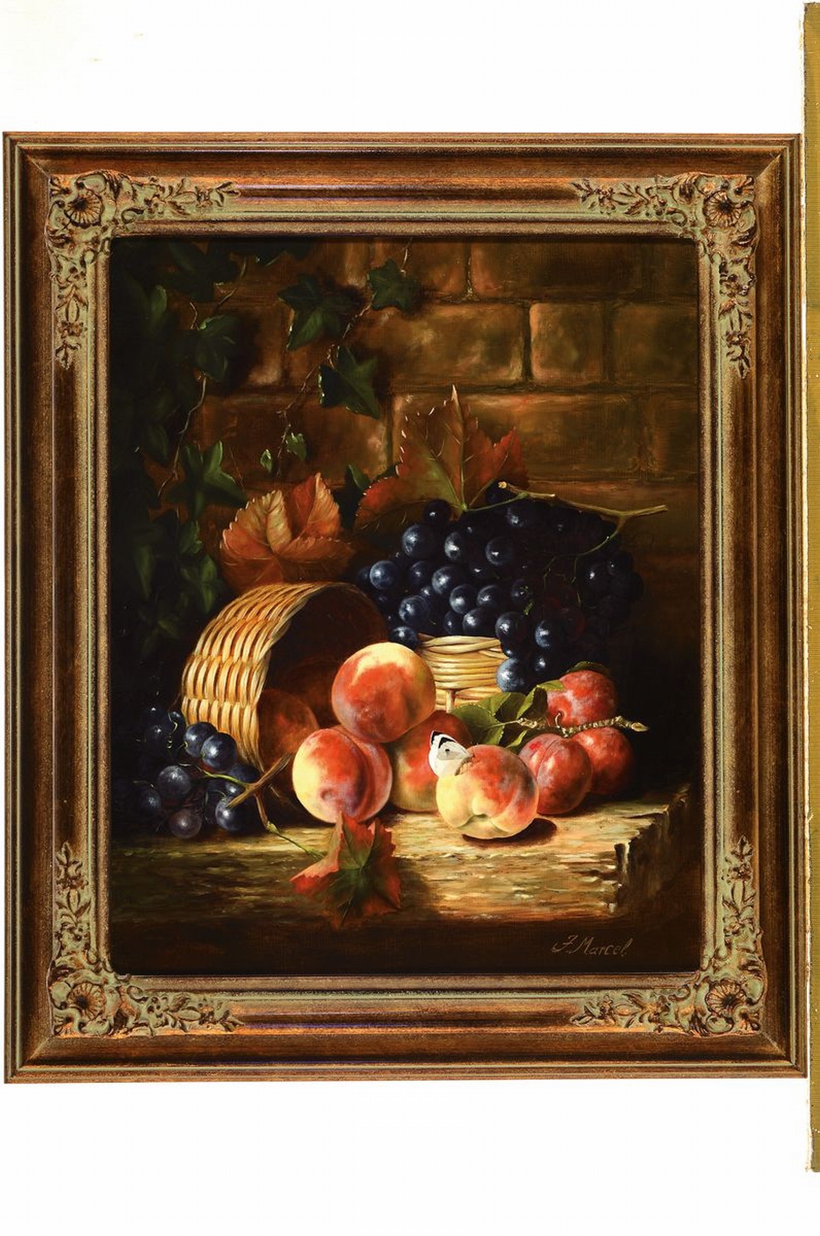 Detail k: Jürgen Marcel, geb. 1951 Bingen, Stillleben mit Obst, Korb und Schmetterling, stark realistische Malerei im Stil der alten flämischen Meister, ...