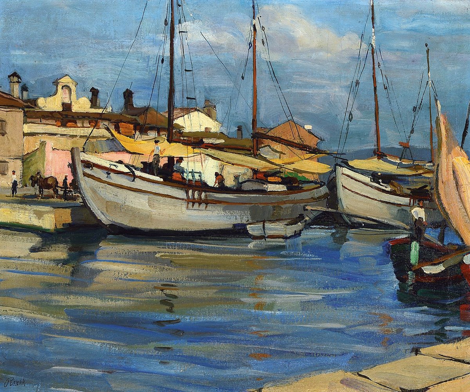 Emil Rizek, 1901-1988 Wien, Studium an der Akademie Wien, bereiste die ganze Welt, lebte Jahre in Indonesien und Kalifornien, hier: Fischerboote im ...