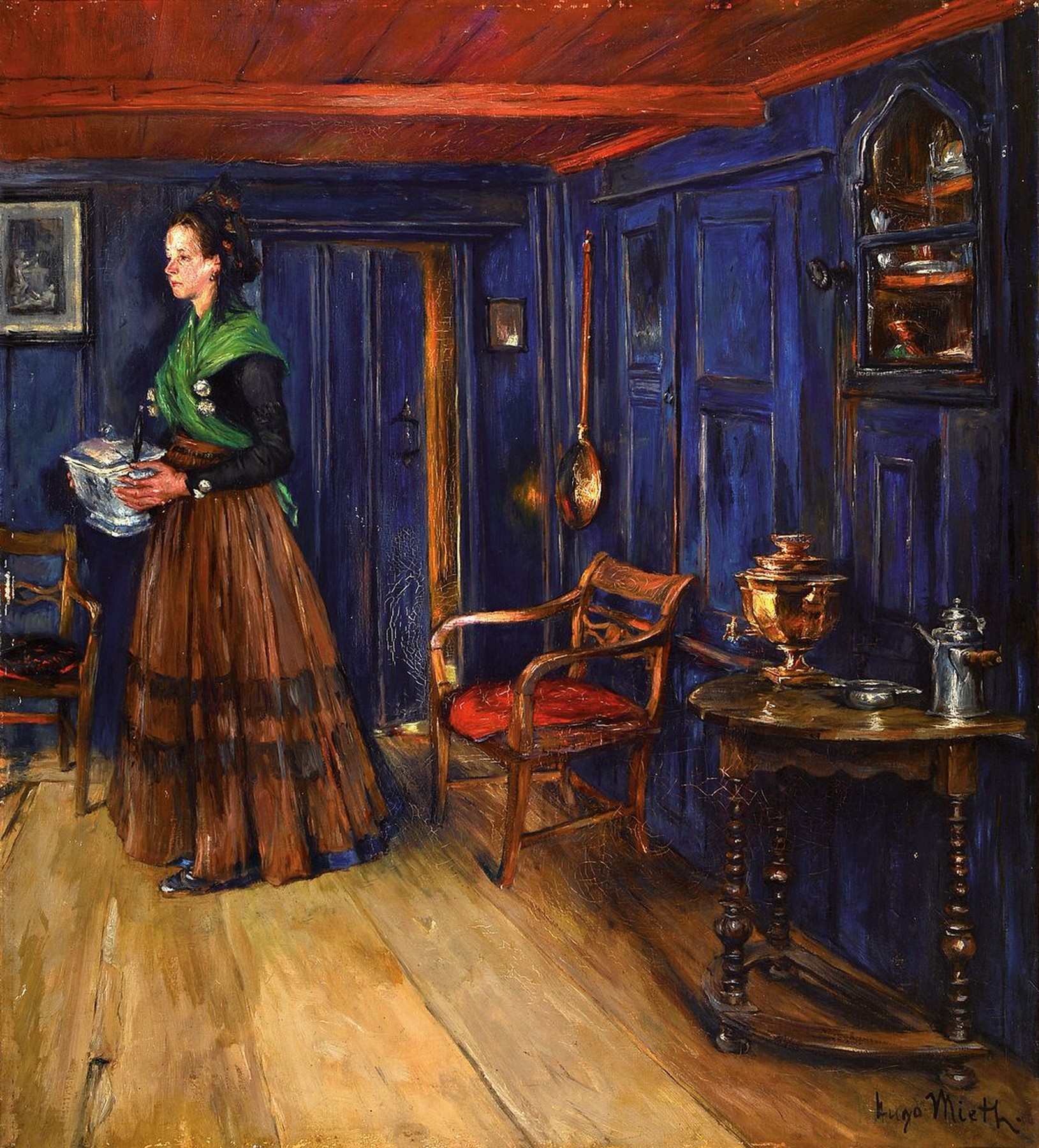 Hugo Mieth, 1865 Reichenberg/Böhmen-1930 Berlin, Interieur mit einer jungen Frau, die eine Suppenterrine trägt, Öl/Lwd, rechts unten signiert, ca. ...