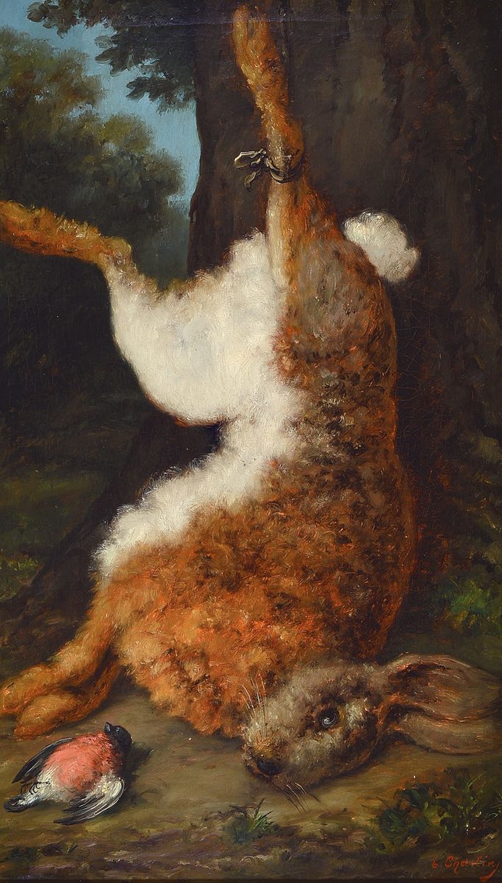 Detail c: E. Charlin, Maler der 2. Hälfte des 19. Jh., 2 Pendants, Stillleben mit erlegtem Hasen bzw. Ente und kleineren Vögeln, Öl/Lwd, beide rechts unten ...