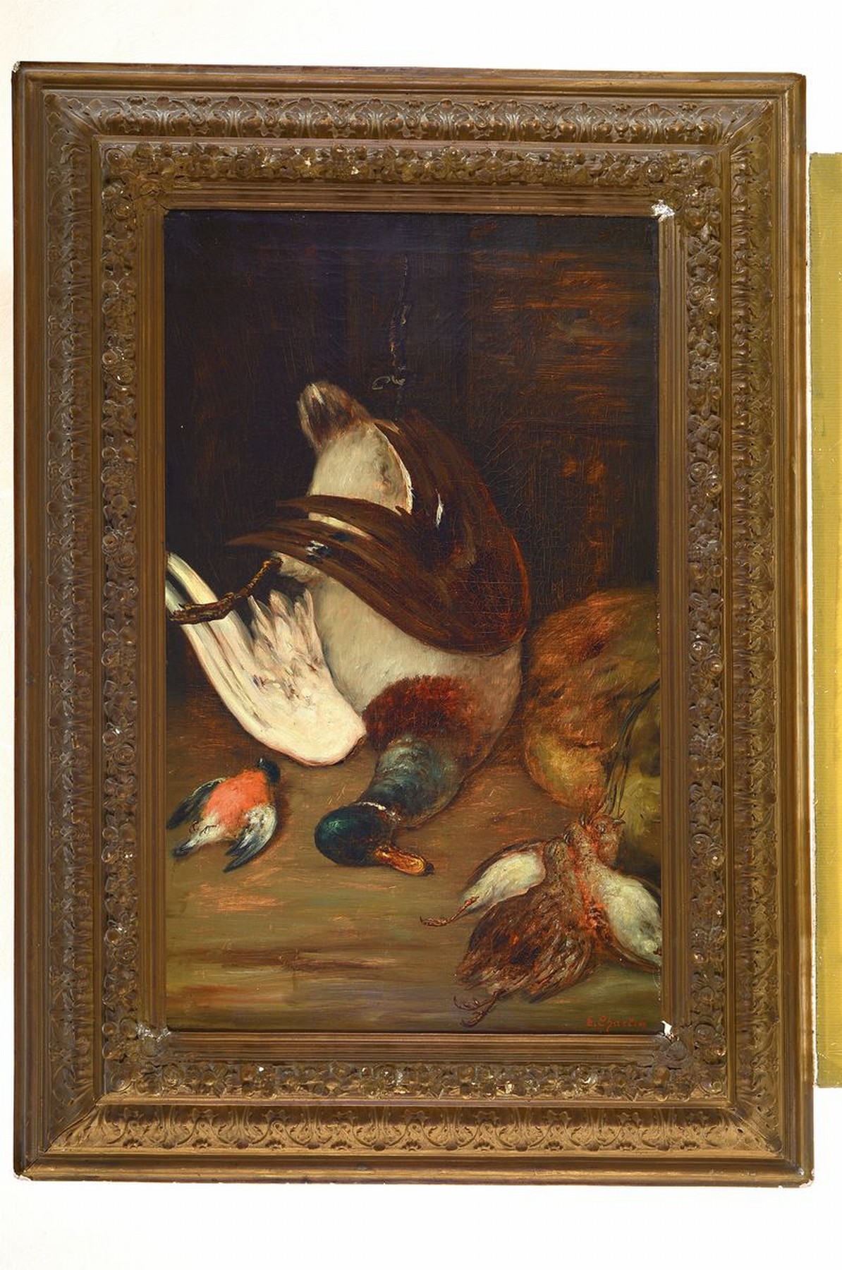Detail k: E. Charlin, Maler der 2. Hälfte des 19. Jh., 2 Pendants, Stillleben mit erlegtem Hasen bzw. Ente und kleineren Vögeln, Öl/Lwd, beide rechts unten ...