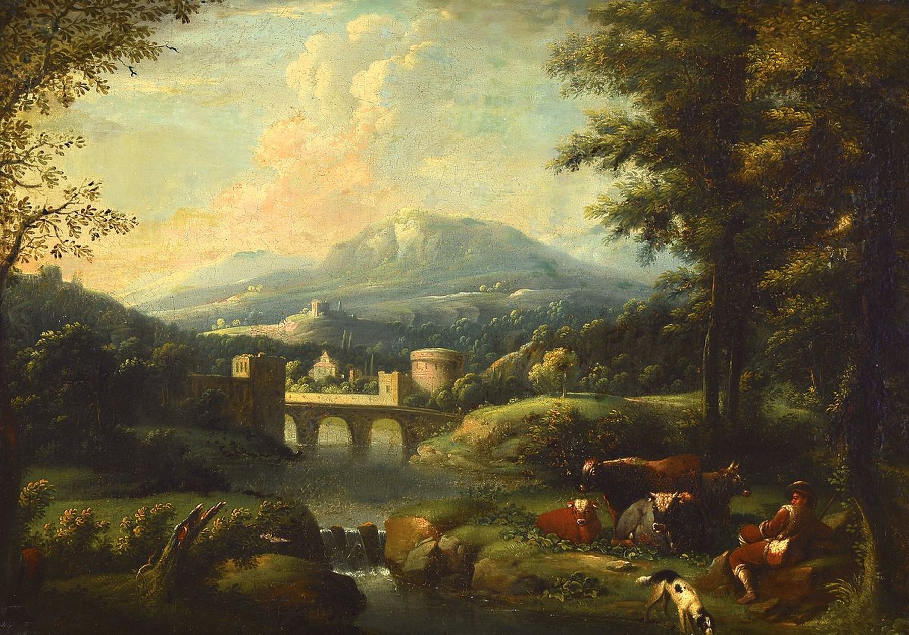 Unbekannter Künstler, deutsch, um 1760-1780, 2 Pendants, romantische Landschaften mit Tempelruine bzw. Brücke, im Vordergrund lagernde Hirten mit ...