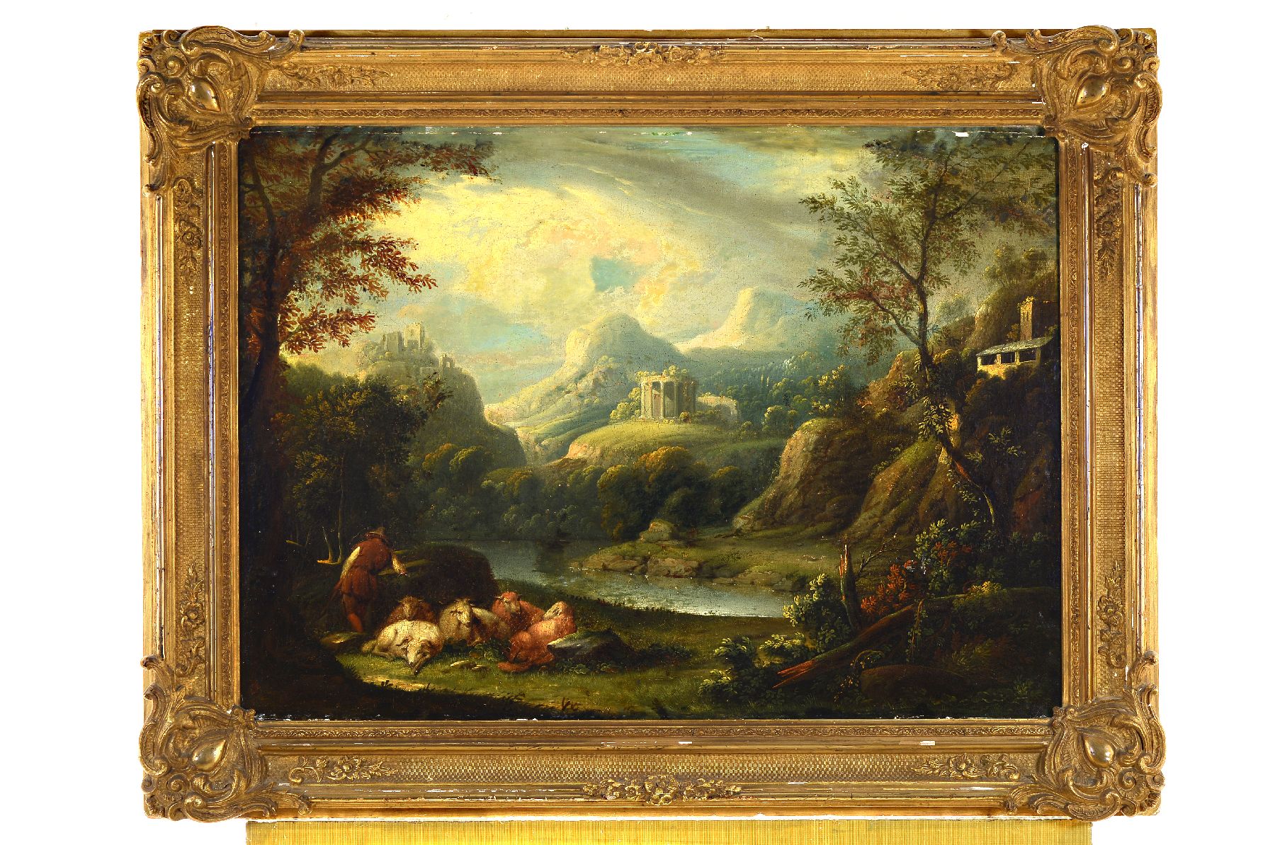 Detail a: Unbekannter Künstler, deutsch, um 1760-1780, 2 Pendants, romantische Landschaften mit Tempelruine bzw. Brücke, im Vordergrund lagernde Hirten mit ...