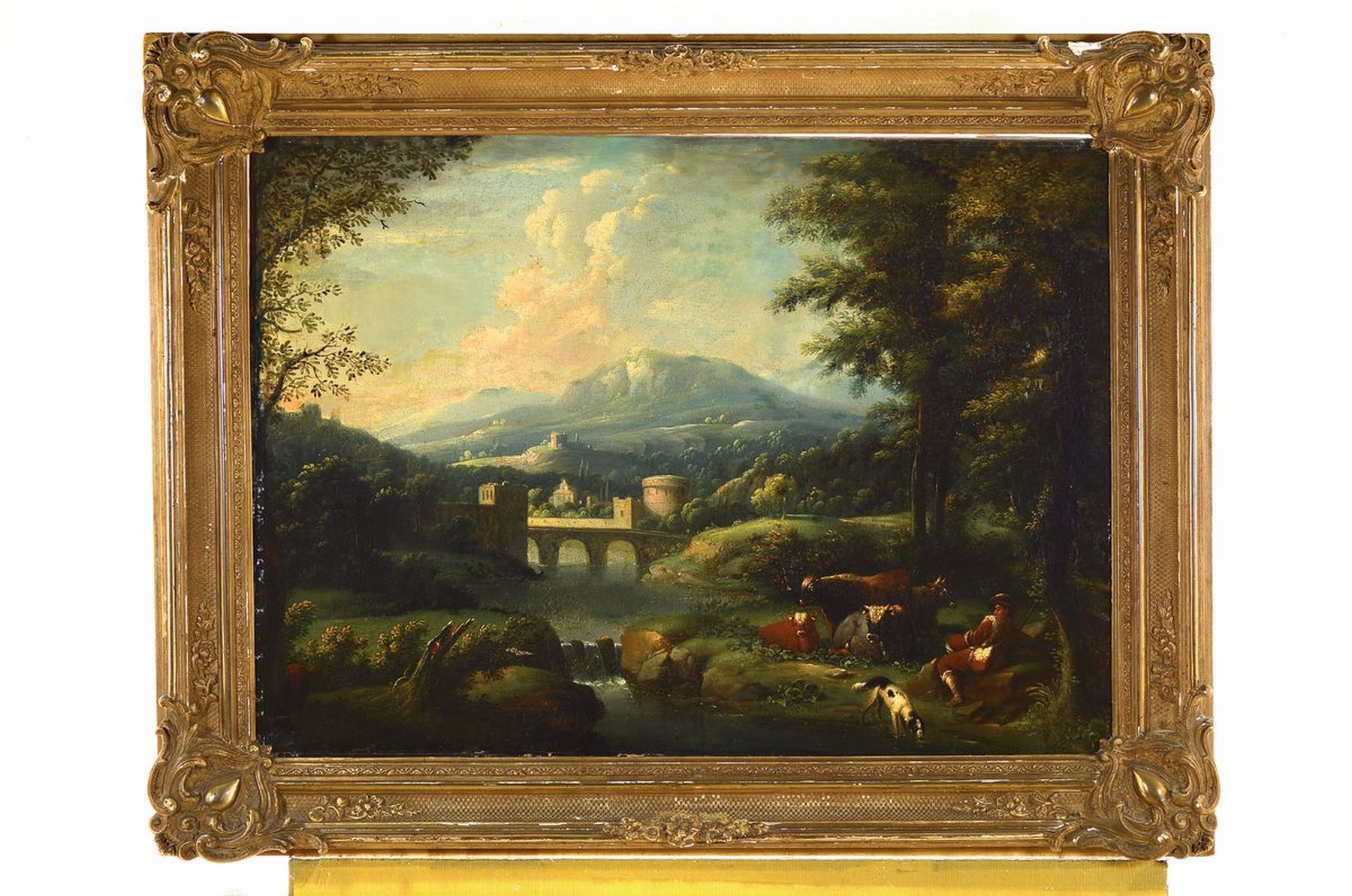 Detail k: Unbekannter Künstler, deutsch, um 1760-1780, 2 Pendants, romantische Landschaften mit Tempelruine bzw. Brücke, im Vordergrund lagernde Hirten mit ...