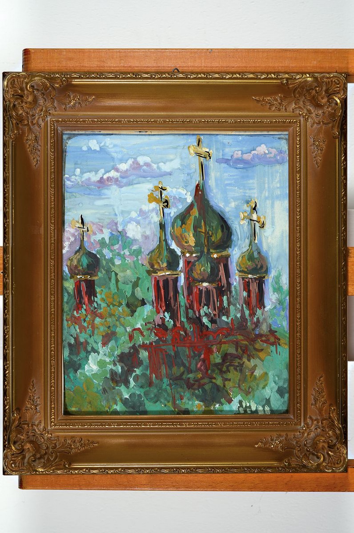 Detail k: Unbekannter russischer Künstler:in, 20.Jh., expressive Darstellung der Zwiebeltürme wohl der St.-Georg-Kirche in Moskau, verso bez. "Ermanova ...