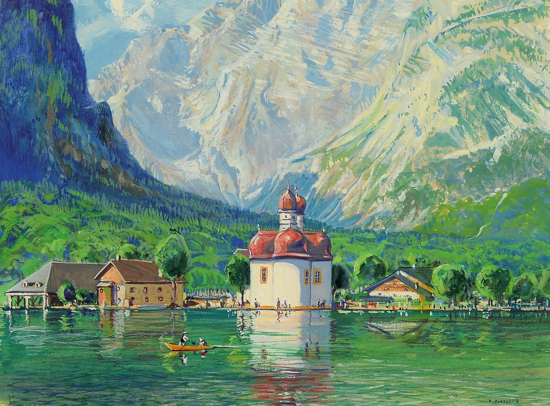 Franz Josef Blaschke, 1916 - 1984, Ansicht St. Bartholomä vor dem Watzmann, Gouache/Papier, rechts unten signiert, unter PP u. Glas gerahmt, ca. ...