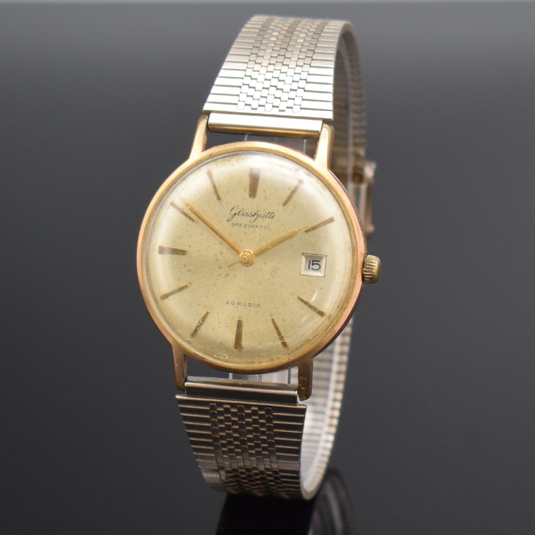 Detail b: GLASHÜTTE / GUB 3 vergoldete Armbanduhren, Deutschland 1960er Jahre, alle Automatik, 2x Böden aufgedr., 1x Boden verschr., silb. Zifferblätter m. ...