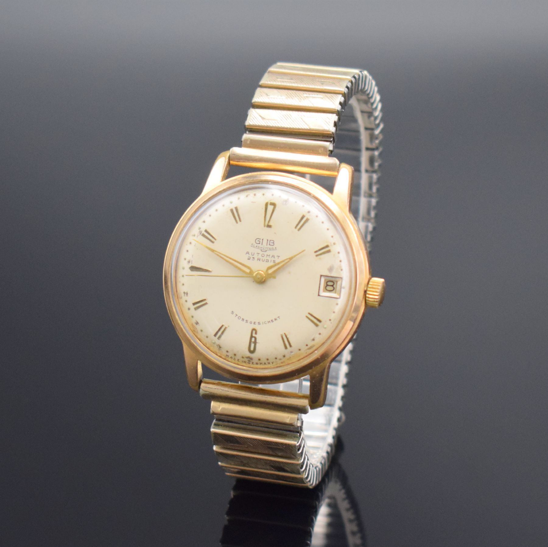 Detail j: GLASHÜTTE / GUB 3 vergoldete Armbanduhren, Deutschland 1960er Jahre, alle Automatik, 2x Böden aufgedr., 1x Boden verschr., silb. Zifferblätter m. ...