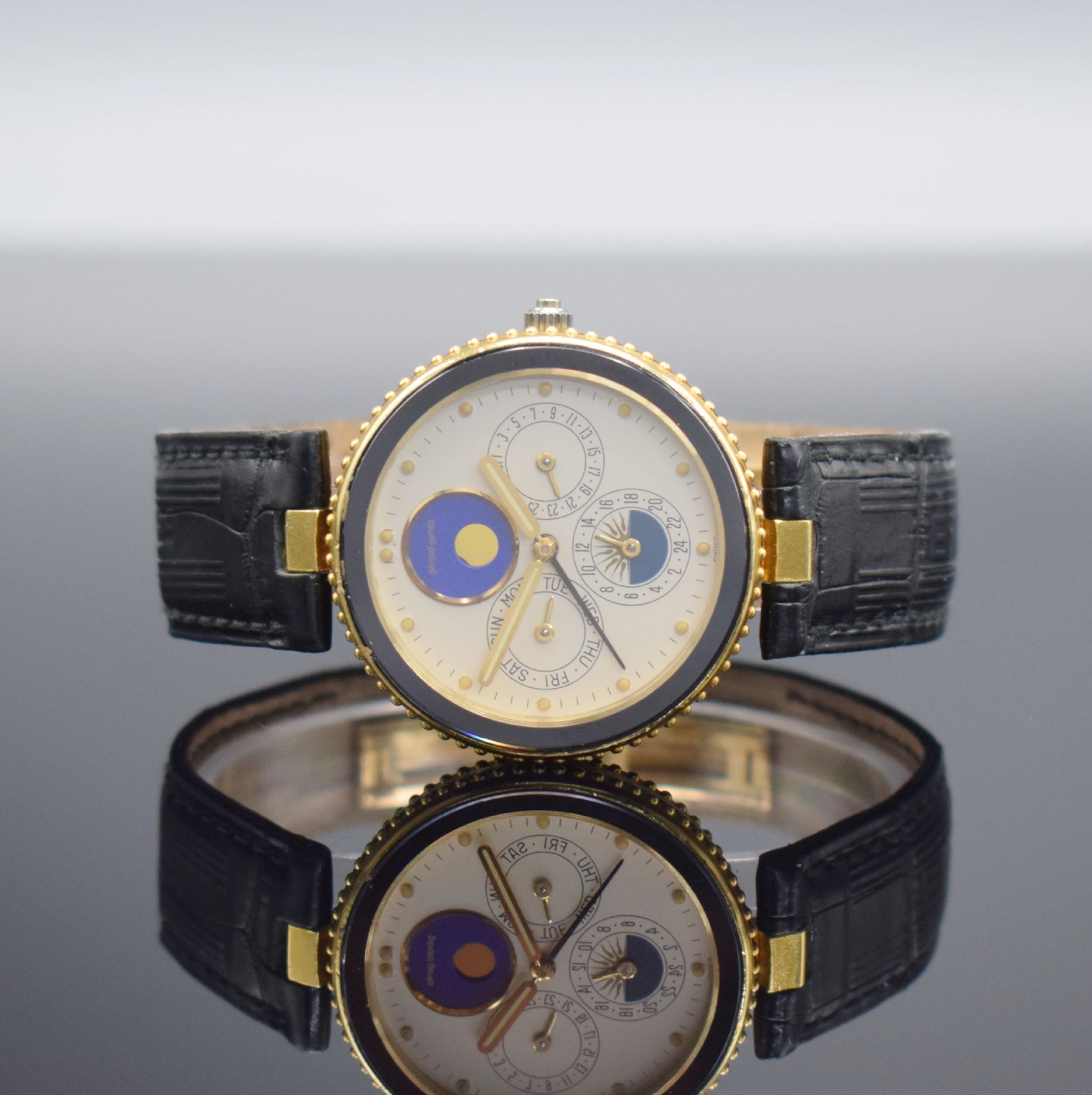 GERALD GENTA Gefica Armbanduhr mit Vollkalender & Wecker in GG 750/000 Referenz G 2778.7, quarz, Boden verschr., Mineralglas, orig. Lederband & GG ...
