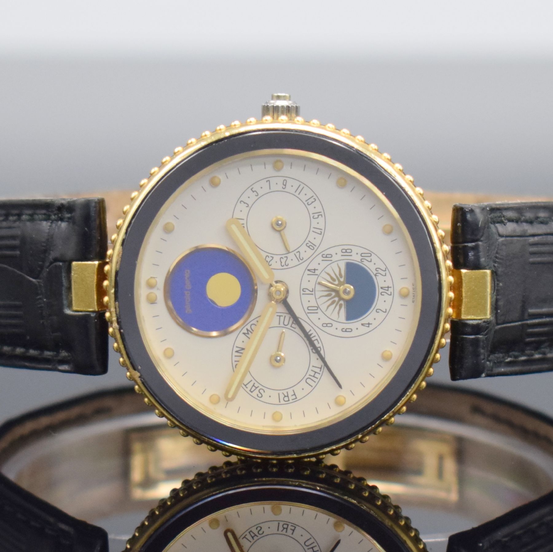 Detail a: GERALD GENTA Gefica Armbanduhr mit Vollkalender & Wecker in GG 750/000 Referenz G 2778.7, quarz, Boden verschr., Mineralglas, orig. Lederband & GG ...