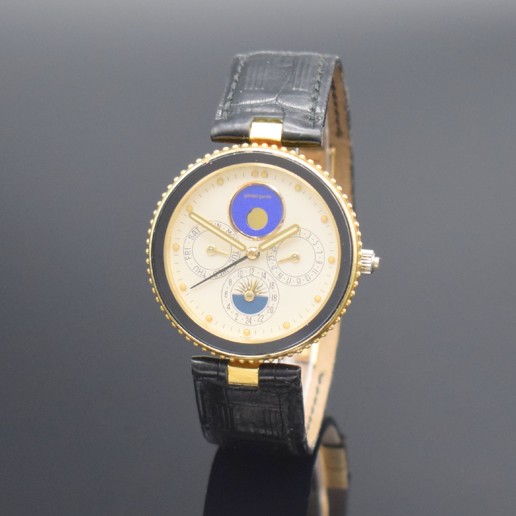 Detail b: GERALD GENTA Gefica Armbanduhr mit Vollkalender & Wecker in GG 750/000 Referenz G 2778.7, quarz, Boden verschr., Mineralglas, orig. Lederband & GG ...
