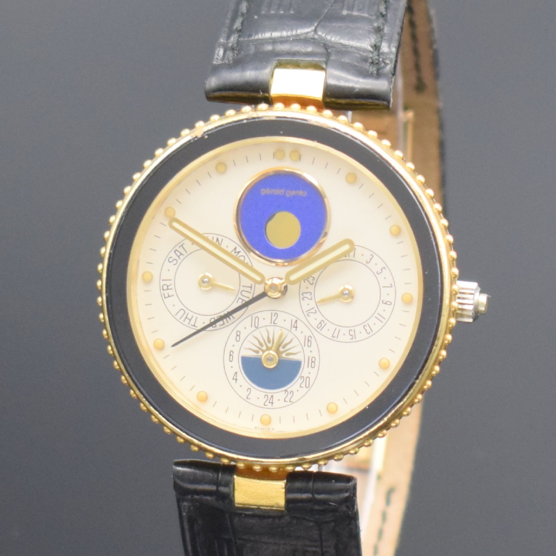 Detail c: GERALD GENTA Gefica Armbanduhr mit Vollkalender & Wecker in GG 750/000 Referenz G 2778.7, quarz, Boden verschr., Mineralglas, orig. Lederband & GG ...