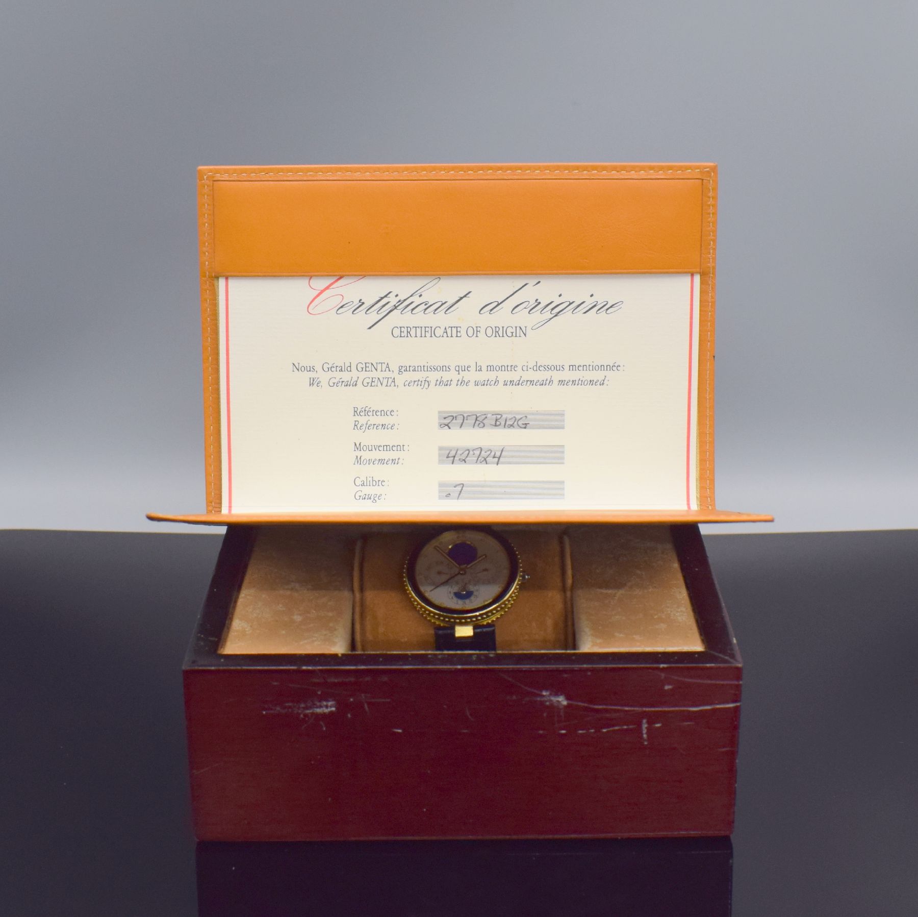 Detail h: GERALD GENTA Gefica Armbanduhr mit Vollkalender & Wecker in GG 750/000 Referenz G 2778.7, quarz, Boden verschr., Mineralglas, orig. Lederband & GG ...