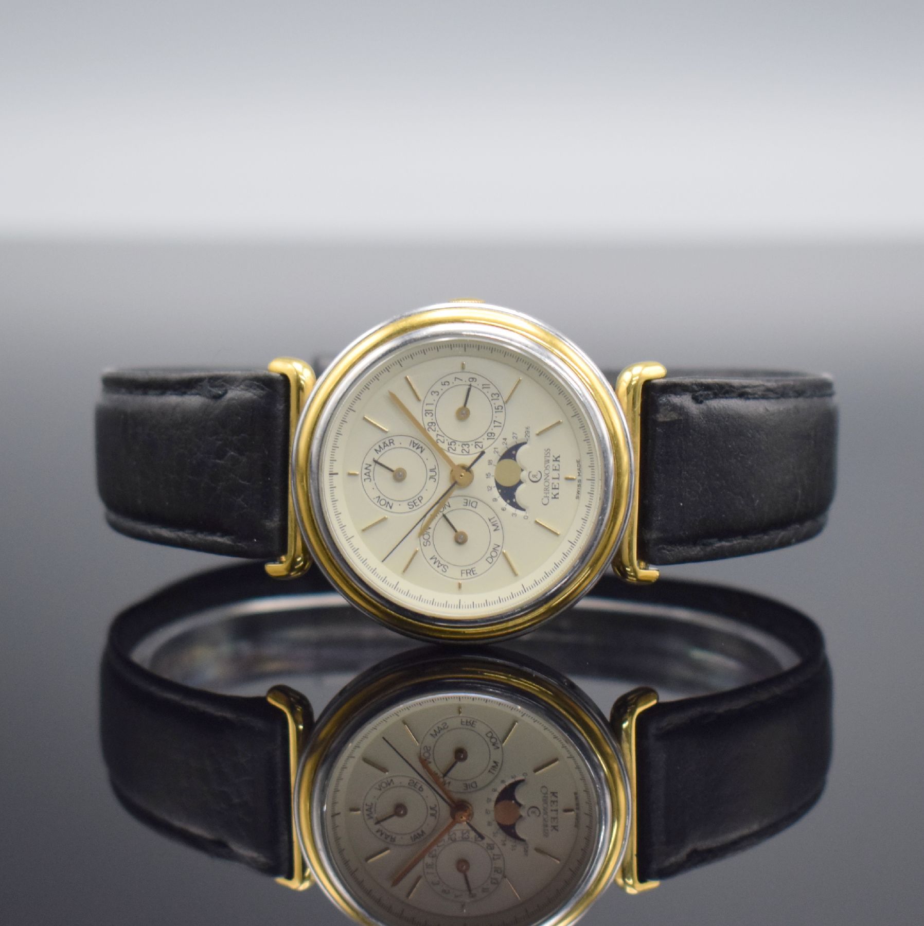 CHRONOSWISS / KELEK Armbanduhr mit Kalender inklusive Mondphase, Schweiz um 1987, Automatik, Edelstahl/Gold komb., vergl. Boden aufgedr., angesetzt. ...