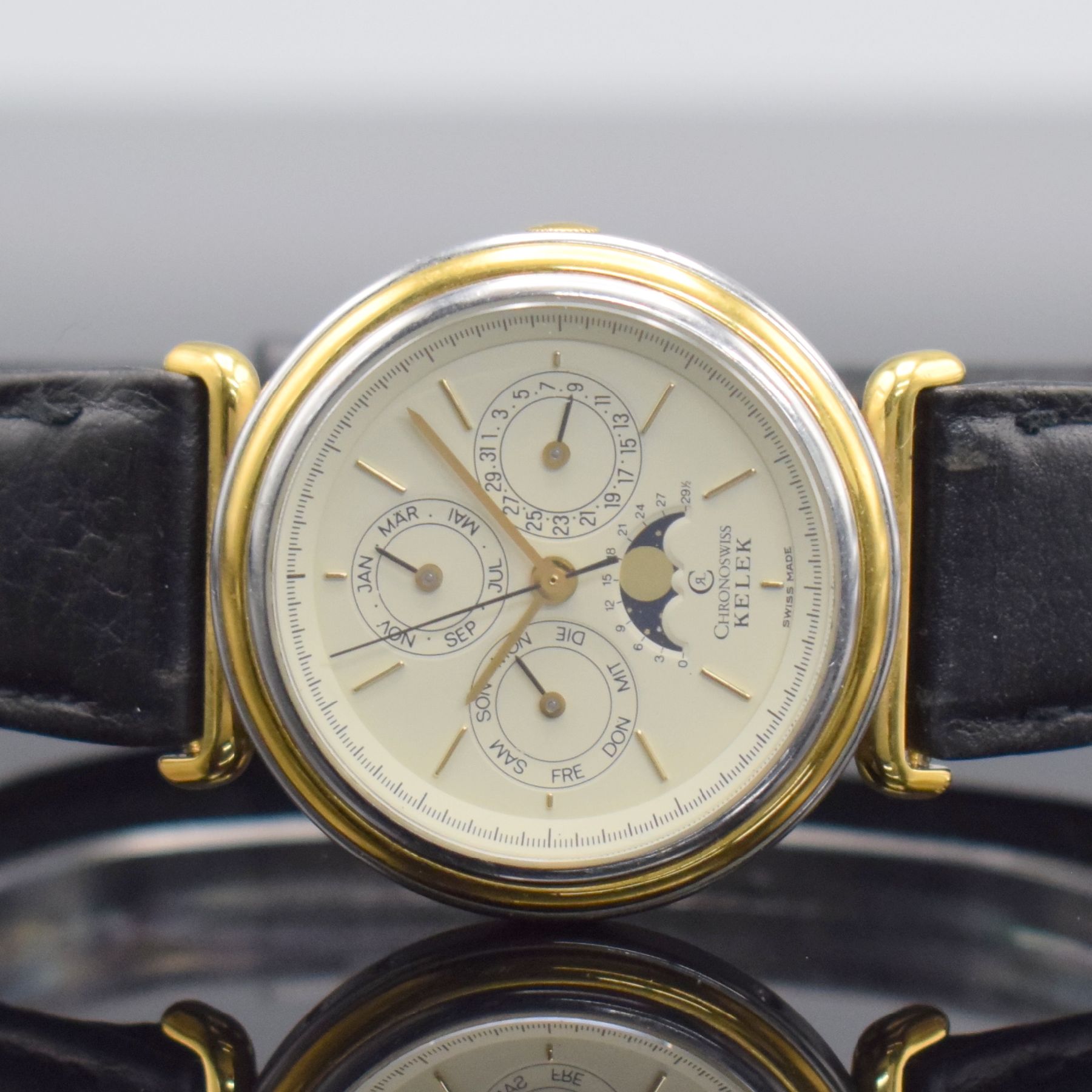 Detail a: CHRONOSWISS / KELEK Armbanduhr mit Kalender inklusive Mondphase, Schweiz um 1987, Automatik, Edelstahl/Gold komb., vergl. Boden aufgedr., angesetzt. ...