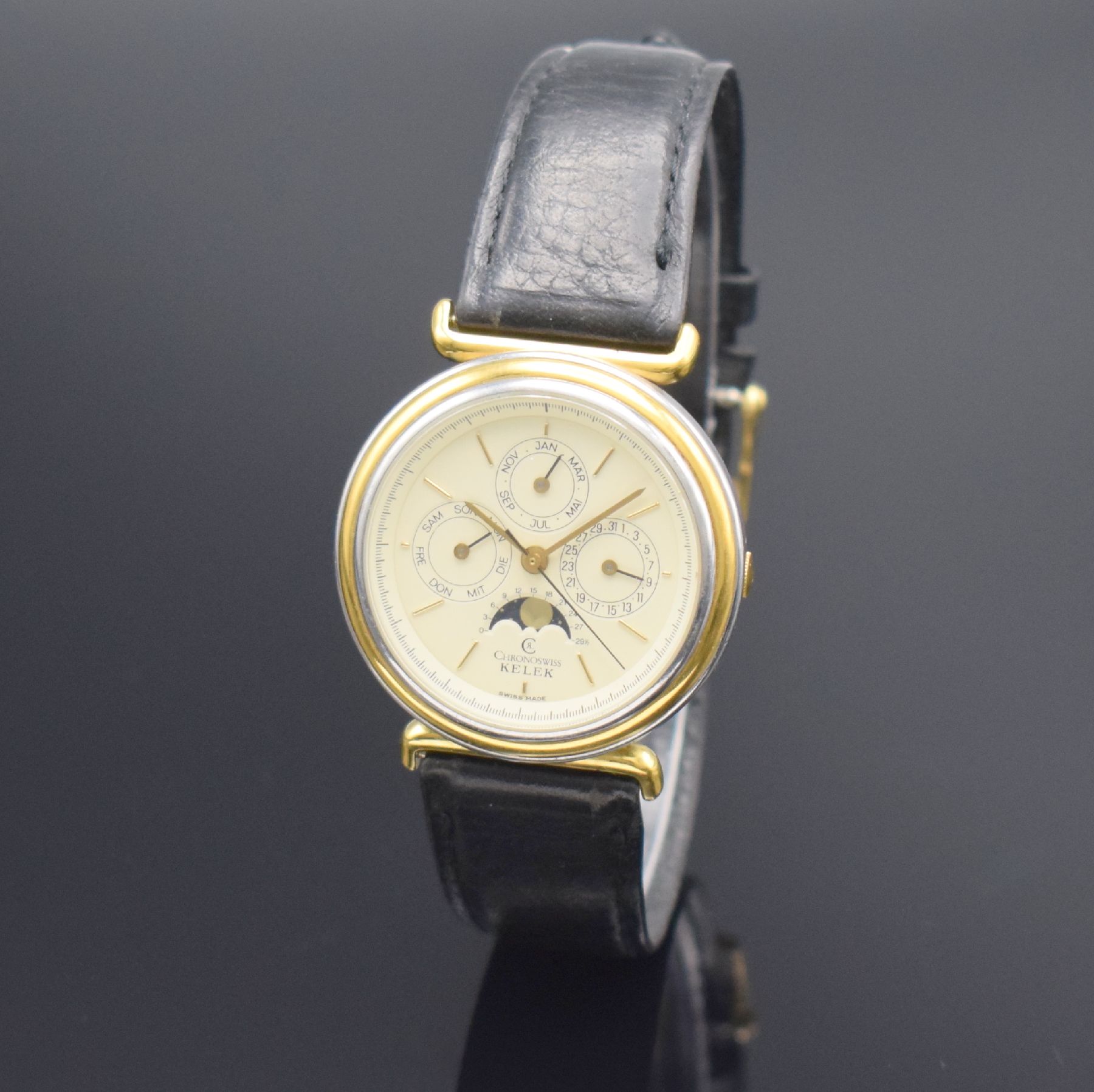 Detail b: CHRONOSWISS / KELEK Armbanduhr mit Kalender inklusive Mondphase, Schweiz um 1987, Automatik, Edelstahl/Gold komb., vergl. Boden aufgedr., angesetzt. ...