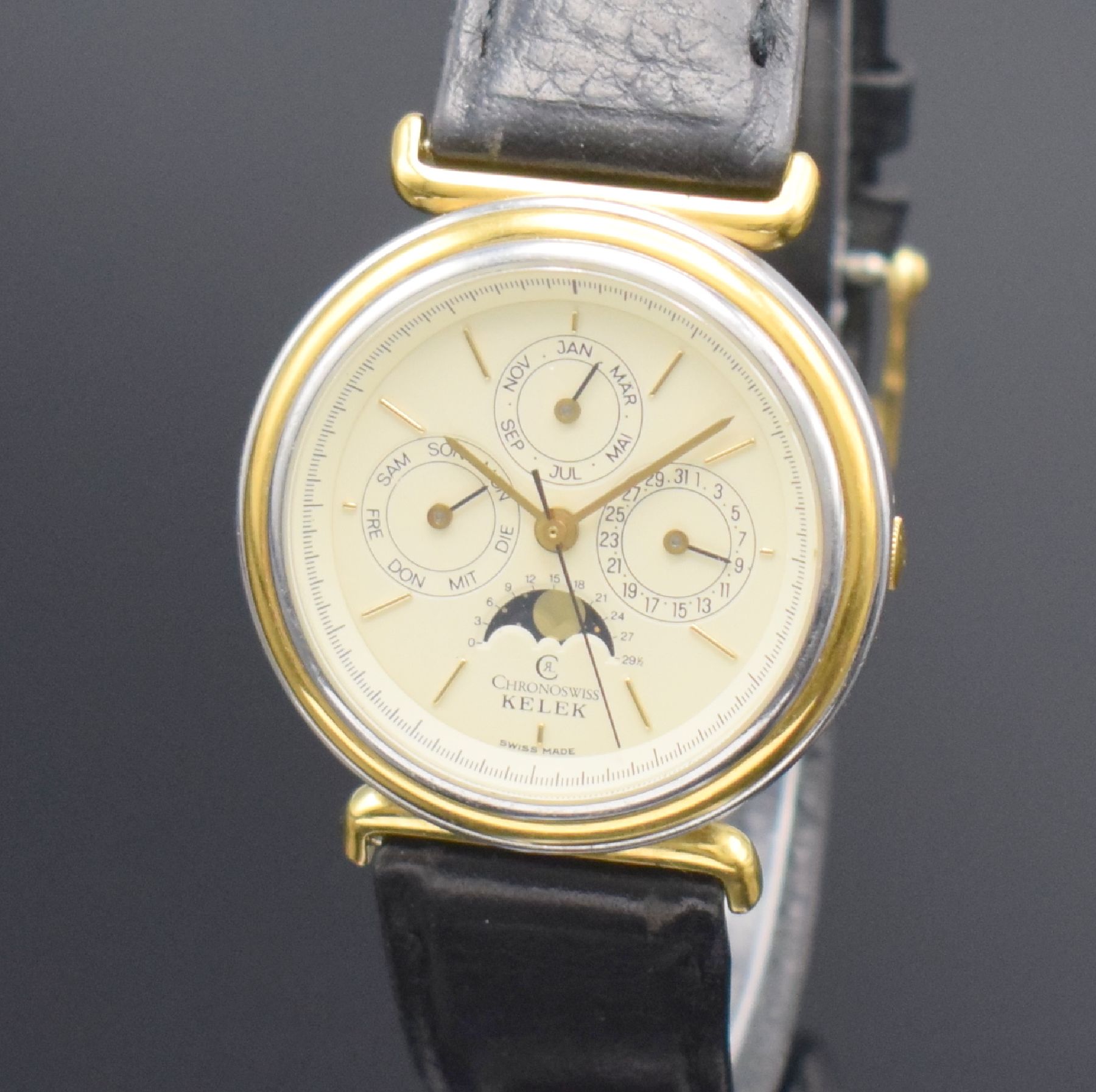 Detail c: CHRONOSWISS / KELEK Armbanduhr mit Kalender inklusive Mondphase, Schweiz um 1987, Automatik, Edelstahl/Gold komb., vergl. Boden aufgedr., angesetzt. ...