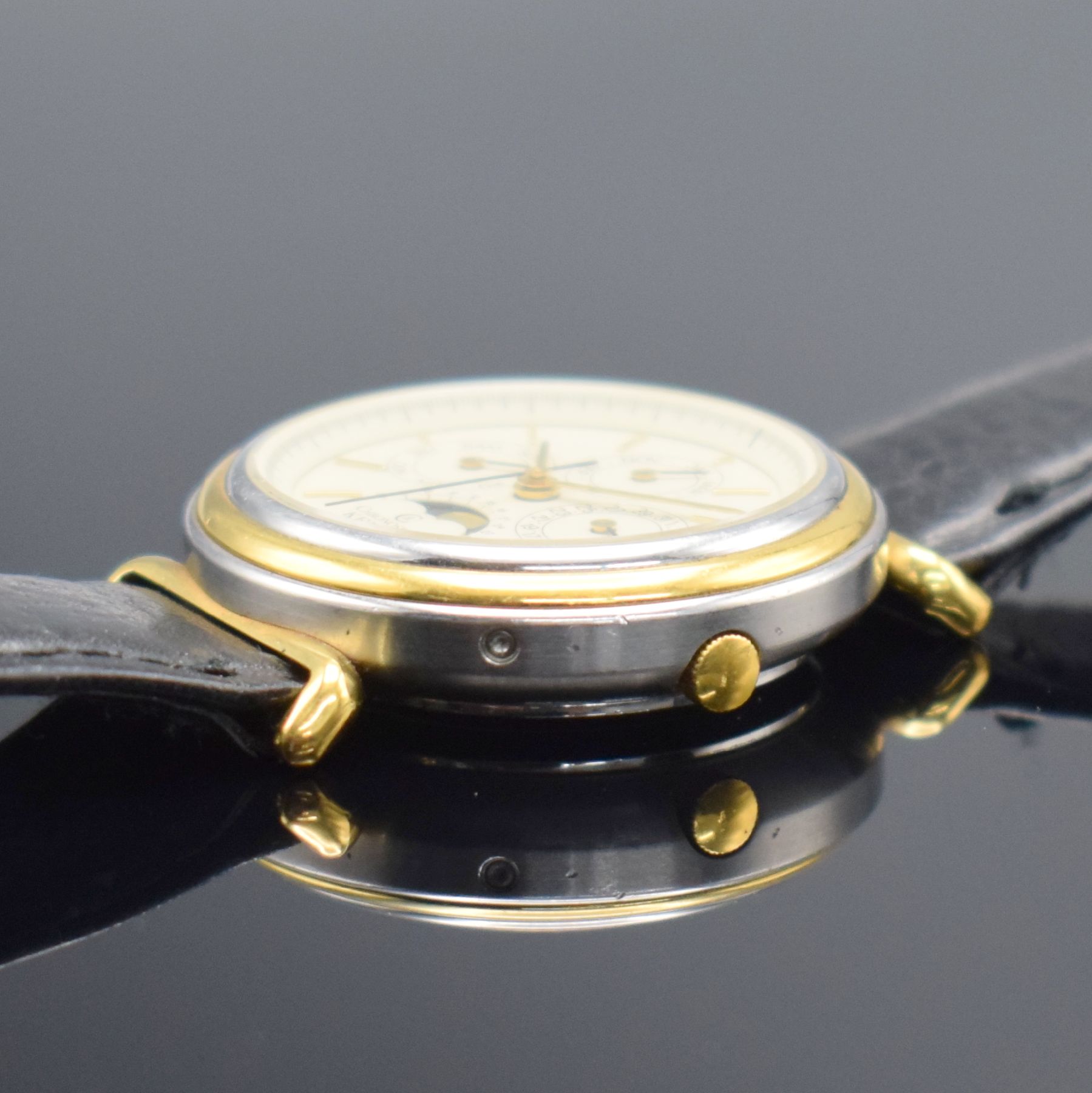 Detail e: CHRONOSWISS / KELEK Armbanduhr mit Kalender inklusive Mondphase, Schweiz um 1987, Automatik, Edelstahl/Gold komb., vergl. Boden aufgedr., angesetzt. ...