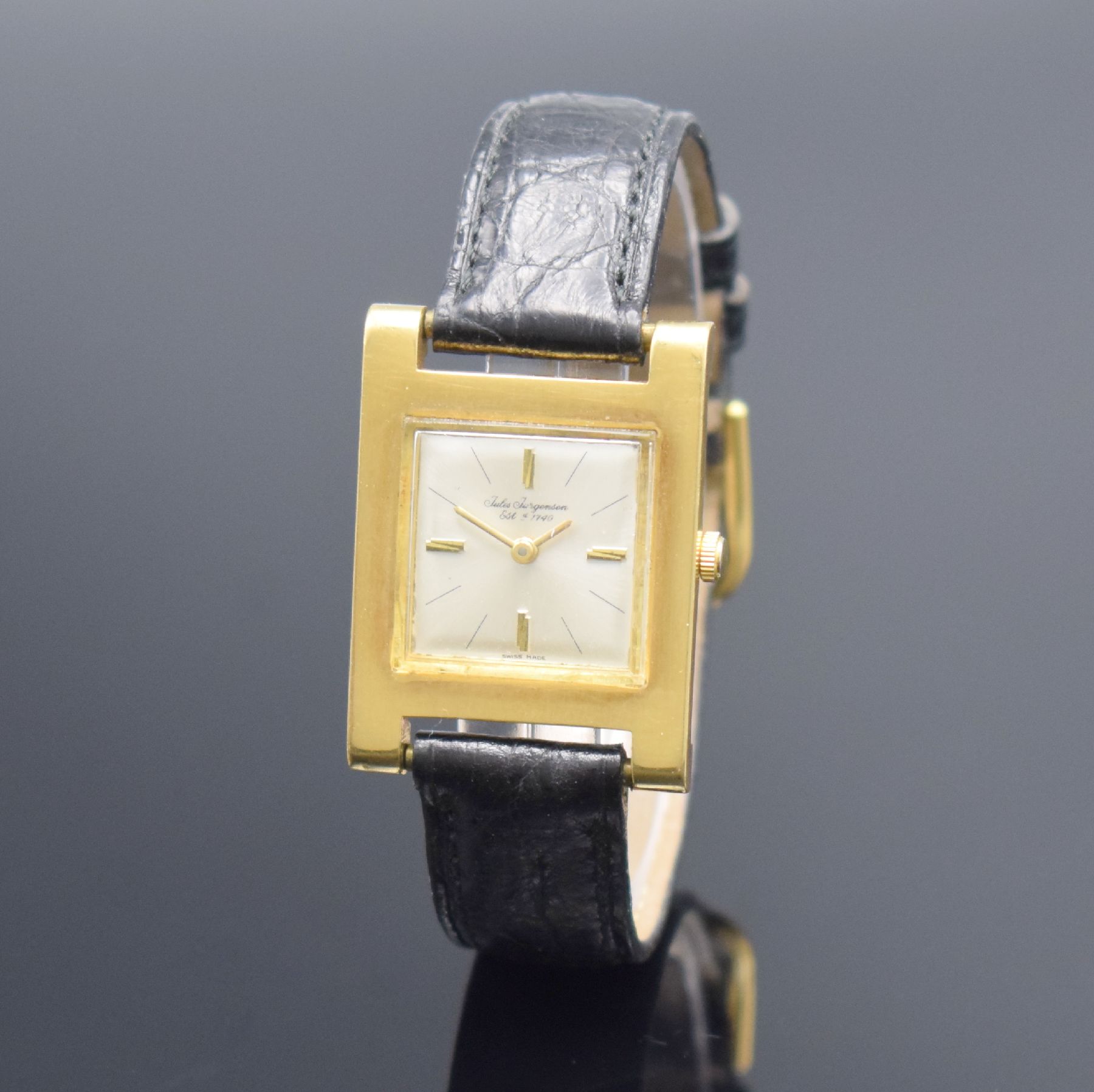 Detail b: JULES JUERGENSEN Armbanduhr in GG 750/000, Handaufzug, Schweiz um 1968, Carree-Arrondee- Geh., Boden aufgedr., verg. Rundankerw. von AS, Kal. 1193, ...
