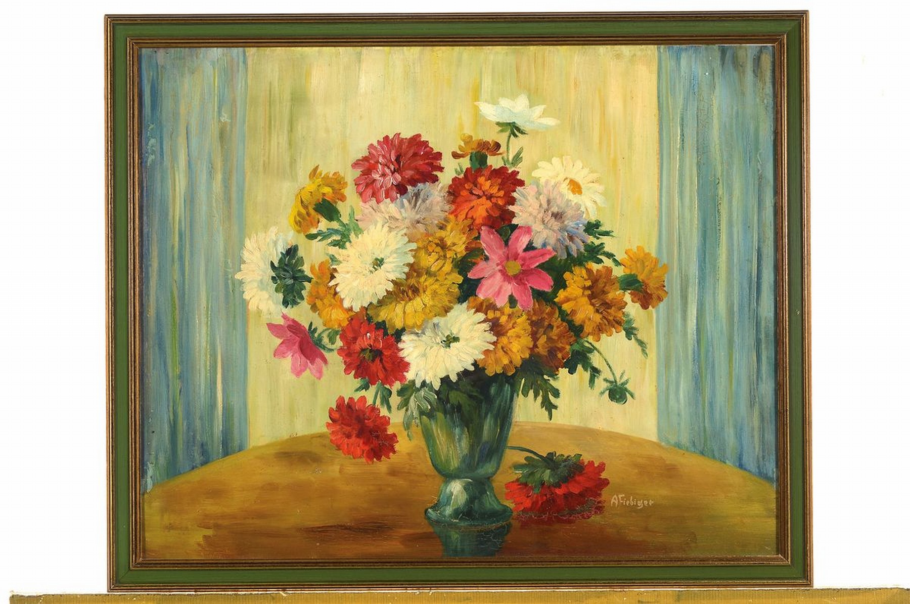 Detail k: Albert Fiebiger, 1869 Bärenstein - 1910, Studium an der Kunstgewerbeschule Dresden, Blumenstillleben mit Chrysanthemen, Öl/Karten, rechts unten ...