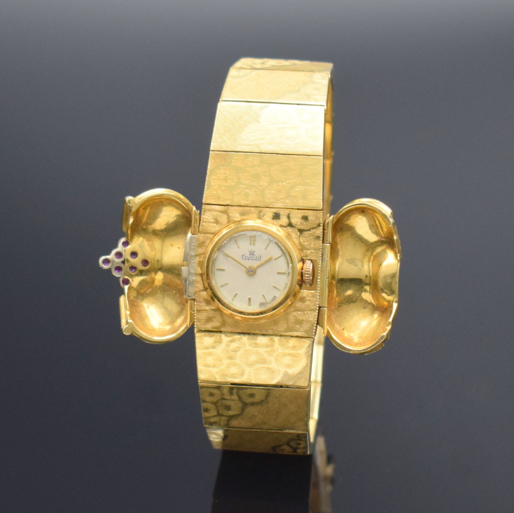 Detail c: EXQUISIT ausgefallene Damenarmbanduhr in GG 750/000, Handaufzug, Schweiz um 1965, Glasrand aufgedr., aufw. Gliederband m. Kastenschloß & dopp. ...