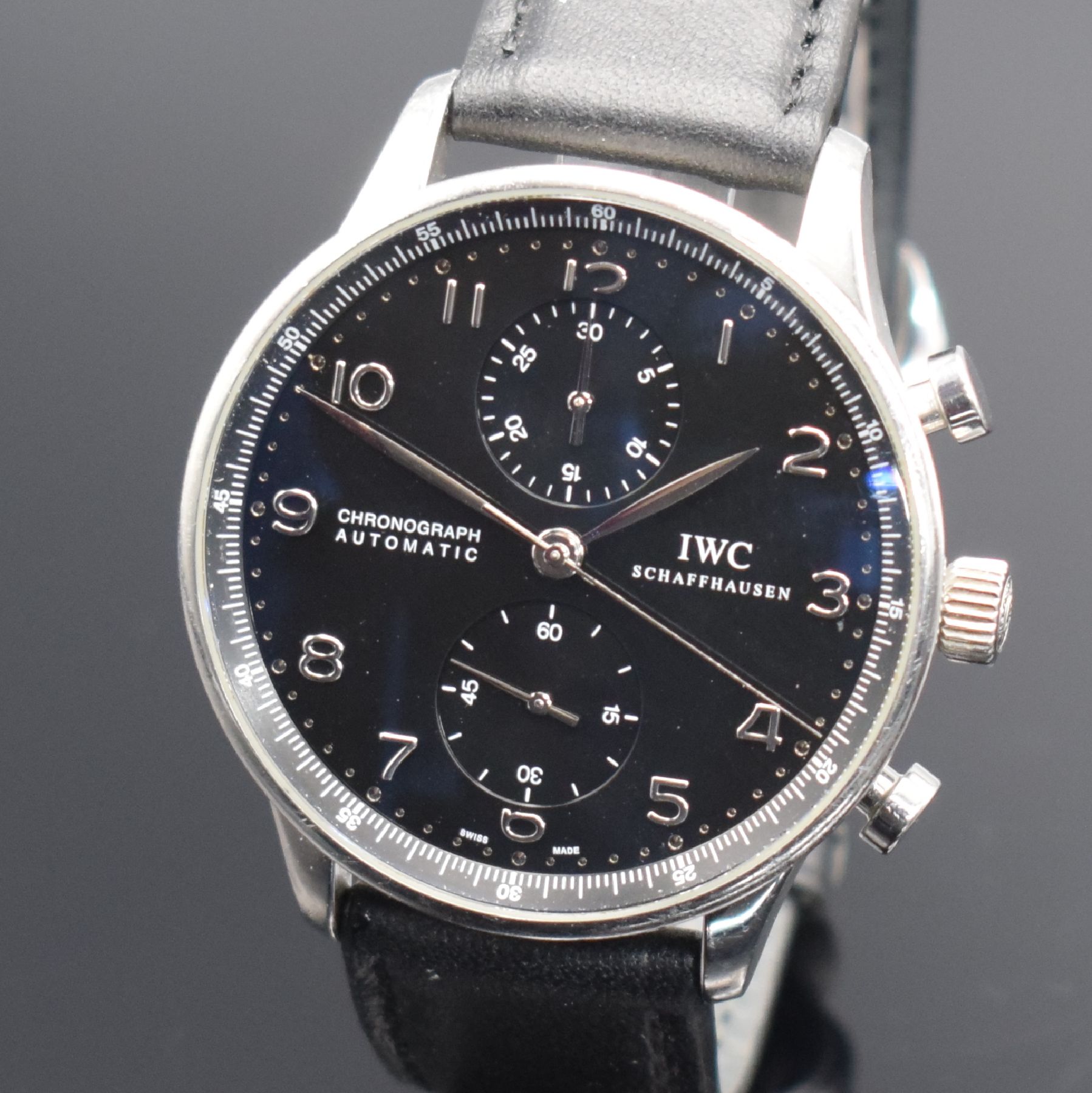 Detail a: IWC Armbandchronograph Modell Portugieser Referenz 3714, Automatik, Schweiz um 2005, Edelstahlgeh. inkl. Lederband m. orig. Faltschl., Boden 4-fach ...