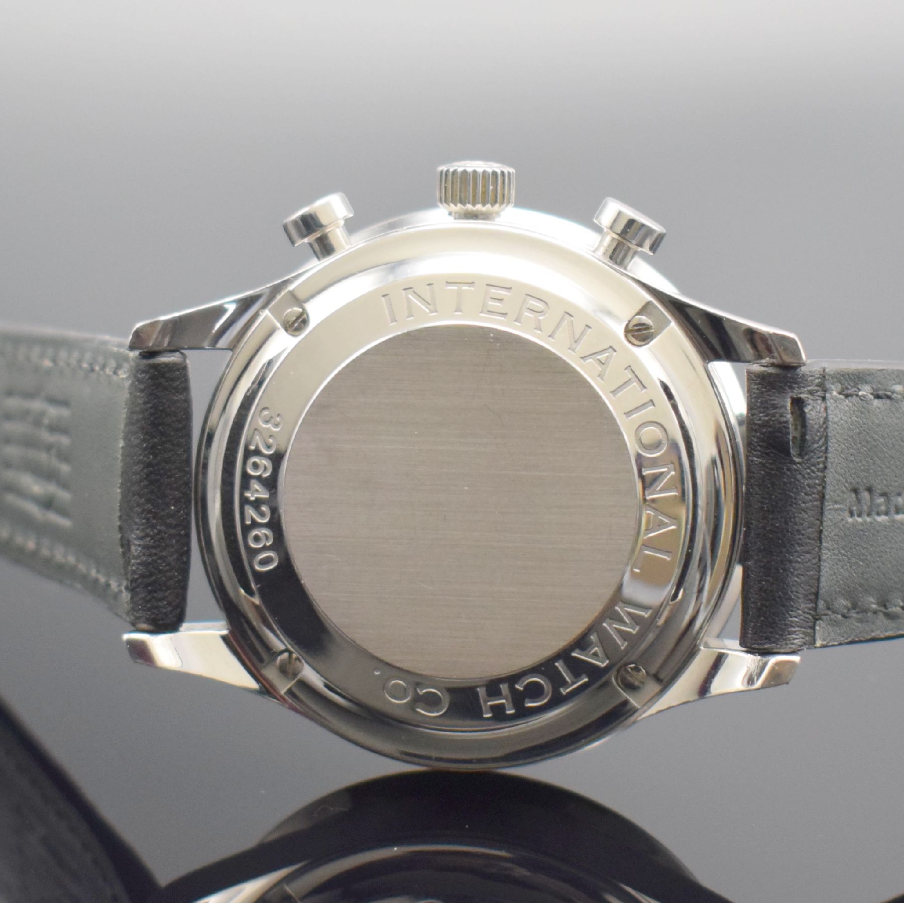 Detail e: IWC Armbandchronograph Modell Portugieser Referenz 3714, Automatik, Schweiz um 2005, Edelstahlgeh. inkl. Lederband m. orig. Faltschl., Boden 4-fach ...