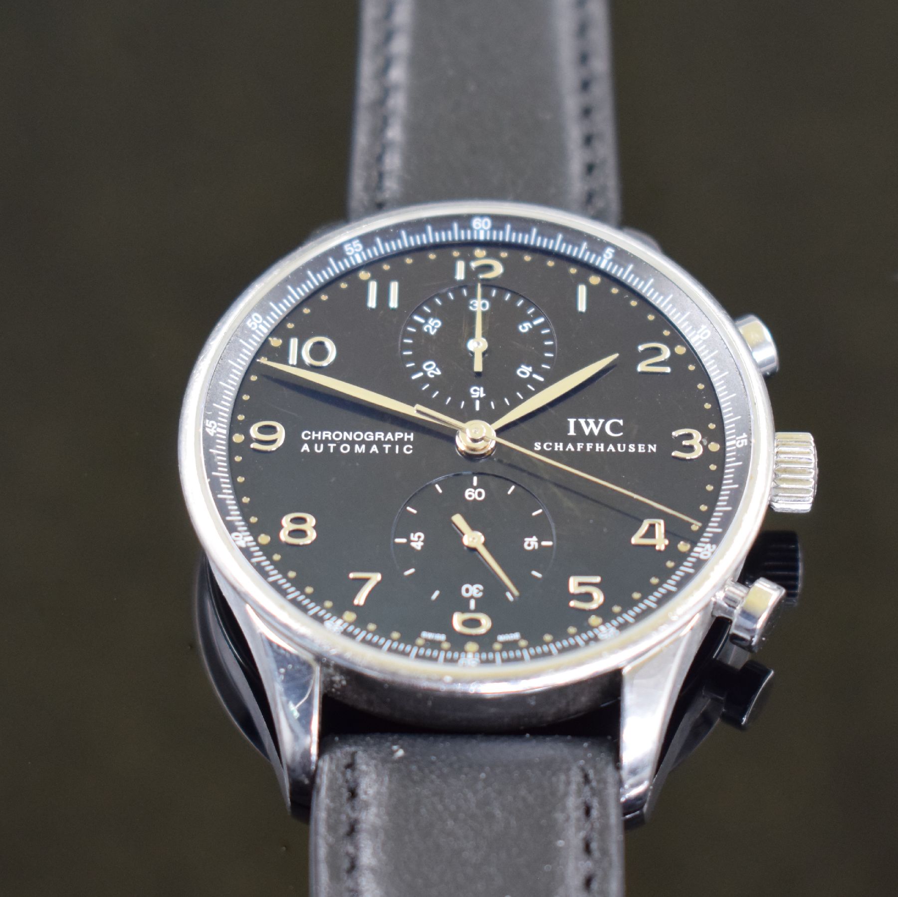 Detail f: IWC Armbandchronograph Modell Portugieser Referenz 3714, Automatik, Schweiz um 2005, Edelstahlgeh. inkl. Lederband m. orig. Faltschl., Boden 4-fach ...