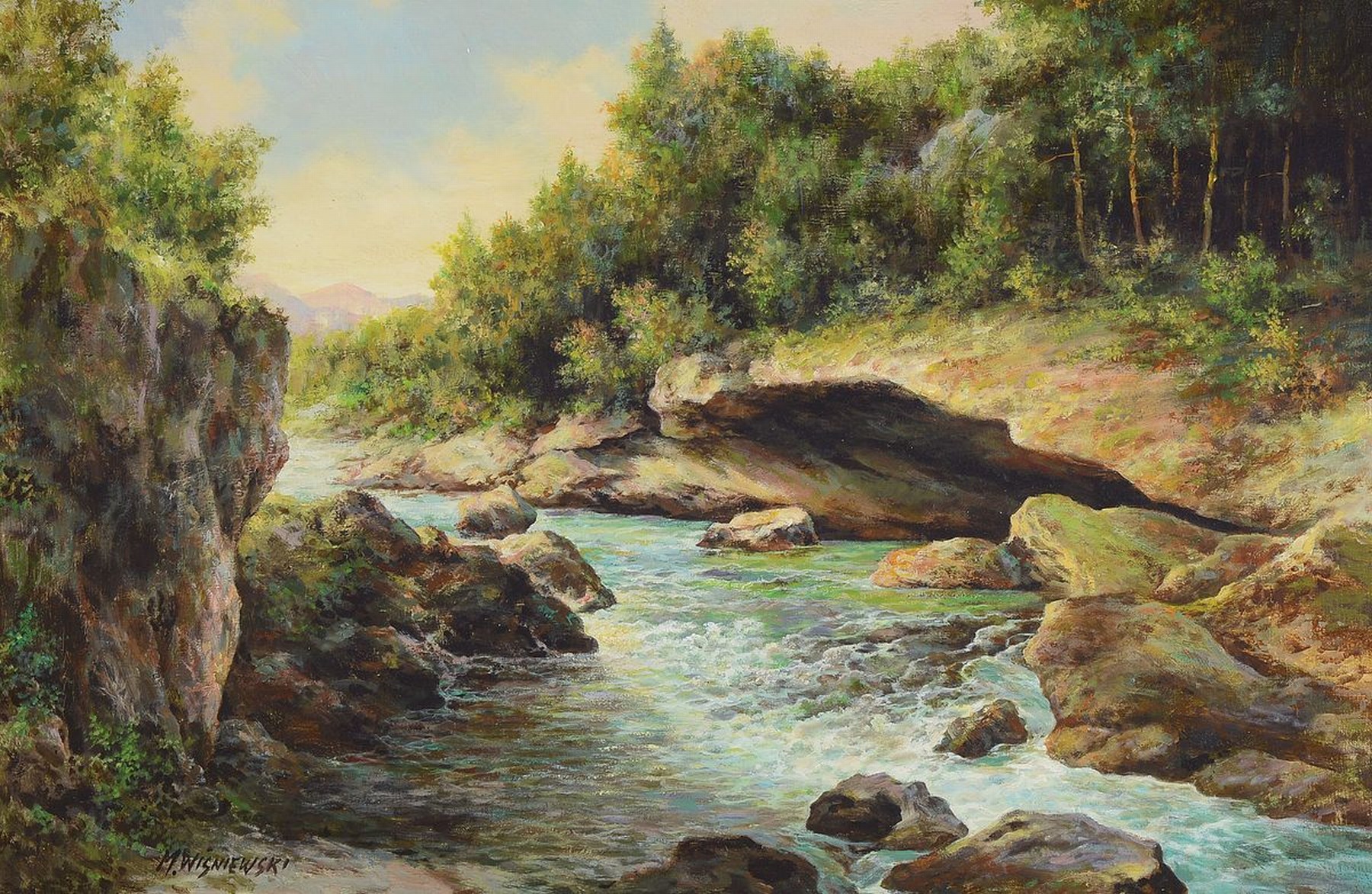 Mieczyslaw Wisniewski, polnischer Künstler, 1925 Warschau - 2006, Gebirgslandschaft mit Bach, Öl/Lwd, li. u. signiert, ca. 75 x 50 cm, Prunkrahmen: ...