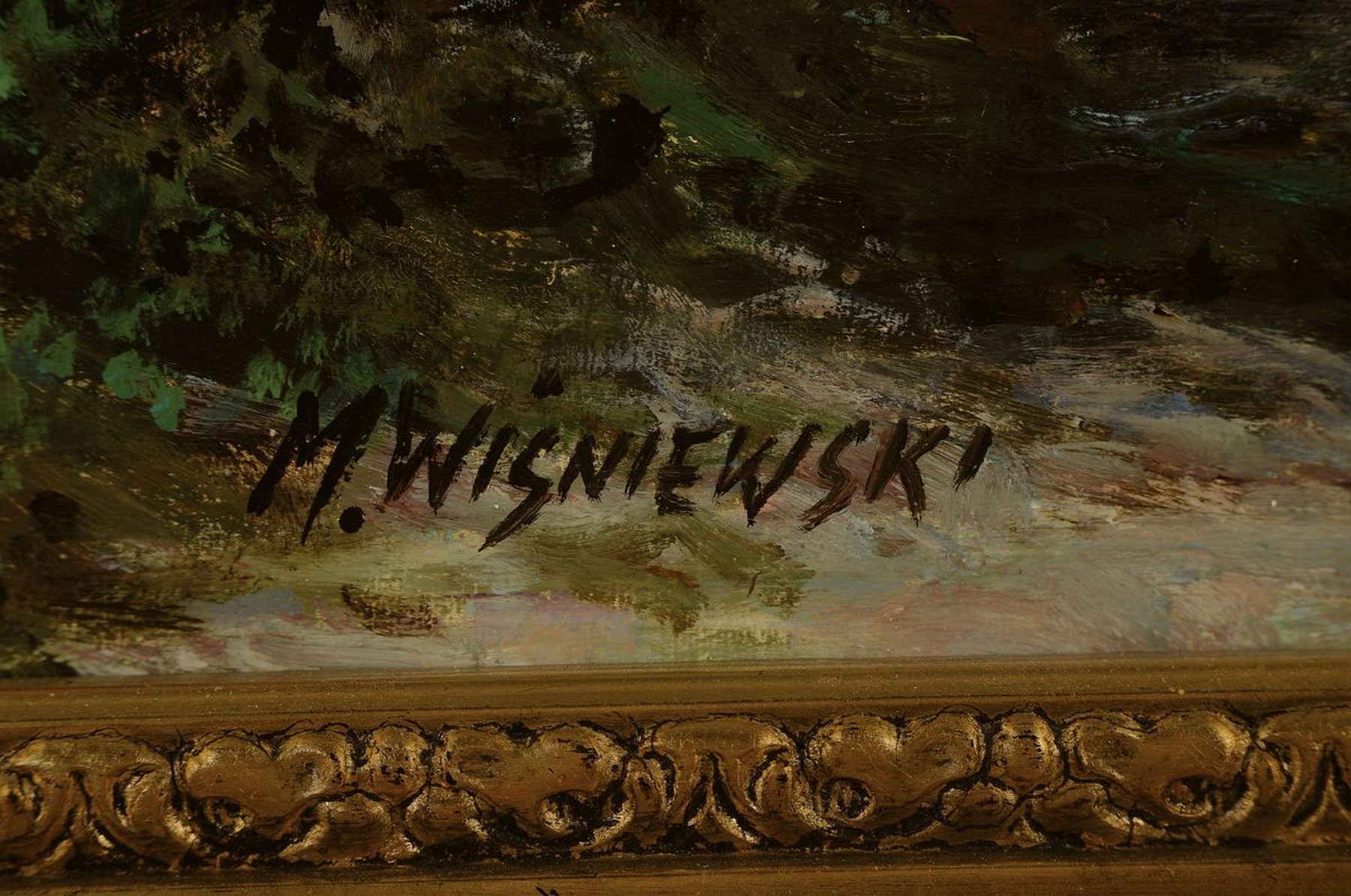 Detail a: Mieczyslaw Wisniewski, polnischer Künstler, 1925 Warschau - 2006, Gebirgslandschaft mit Bach, Öl/Lwd, li. u. signiert, ca. 75 x 50 cm, Prunkrahmen: ...