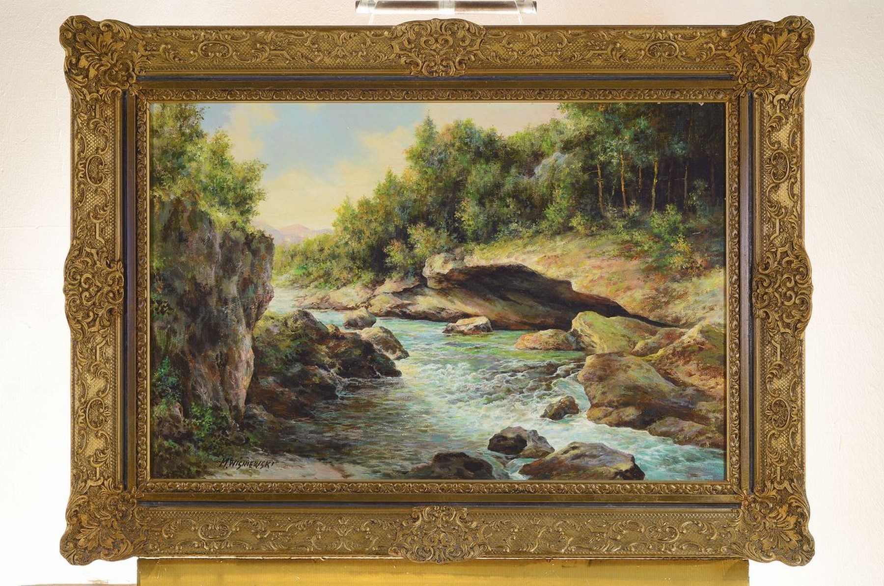 Detail k: Mieczyslaw Wisniewski, polnischer Künstler, 1925 Warschau - 2006, Gebirgslandschaft mit Bach, Öl/Lwd, li. u. signiert, ca. 75 x 50 cm, Prunkrahmen: ...