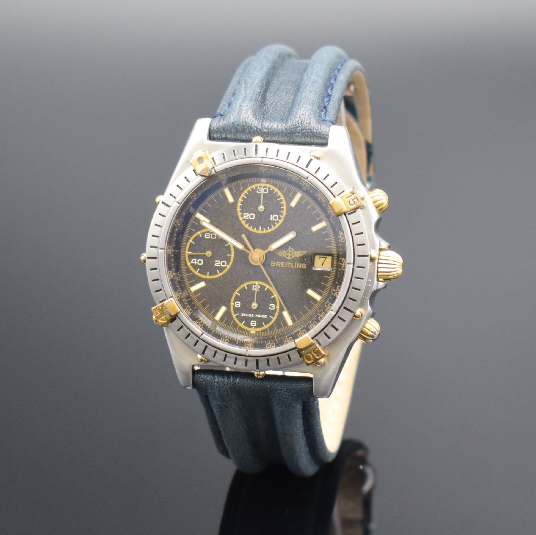 BREITLING Chronomat Herrenarmbanduhr mit Chronograph, Schweiz um 1990, Automatik, Ref. 81.950, verschr. Edelstahlgeh. teilw. verg., neutr. Lederband ...