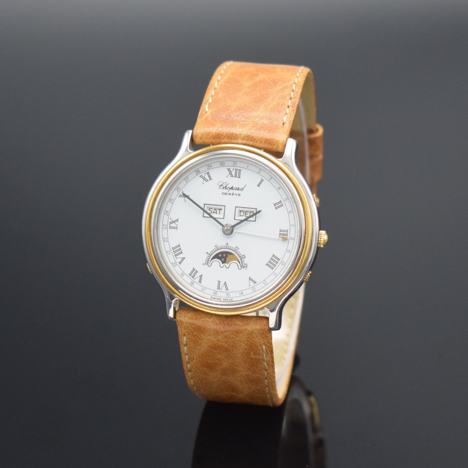 Detail b: CHOPARD Luna D'Oro Armbanduhr mit Vollkalender Referenz 8055 4, Schweiz um 1995, Automatik, 2-teil. Gehäuse in Edelstahl/Gold, Boden aufgedr., ...