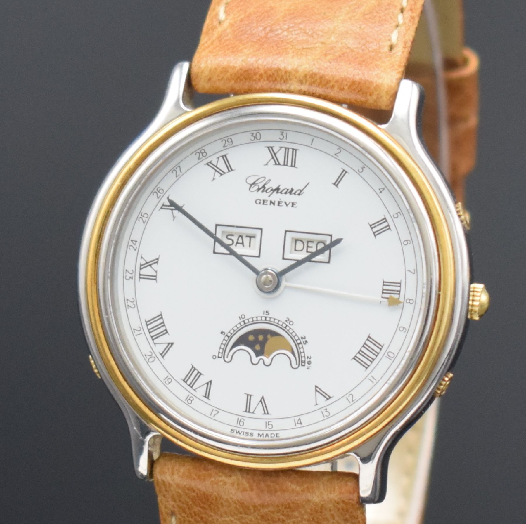 Detail c: CHOPARD Luna D'Oro Armbanduhr mit Vollkalender Referenz 8055 4, Schweiz um 1995, Automatik, 2-teil. Gehäuse in Edelstahl/Gold, Boden aufgedr., ...