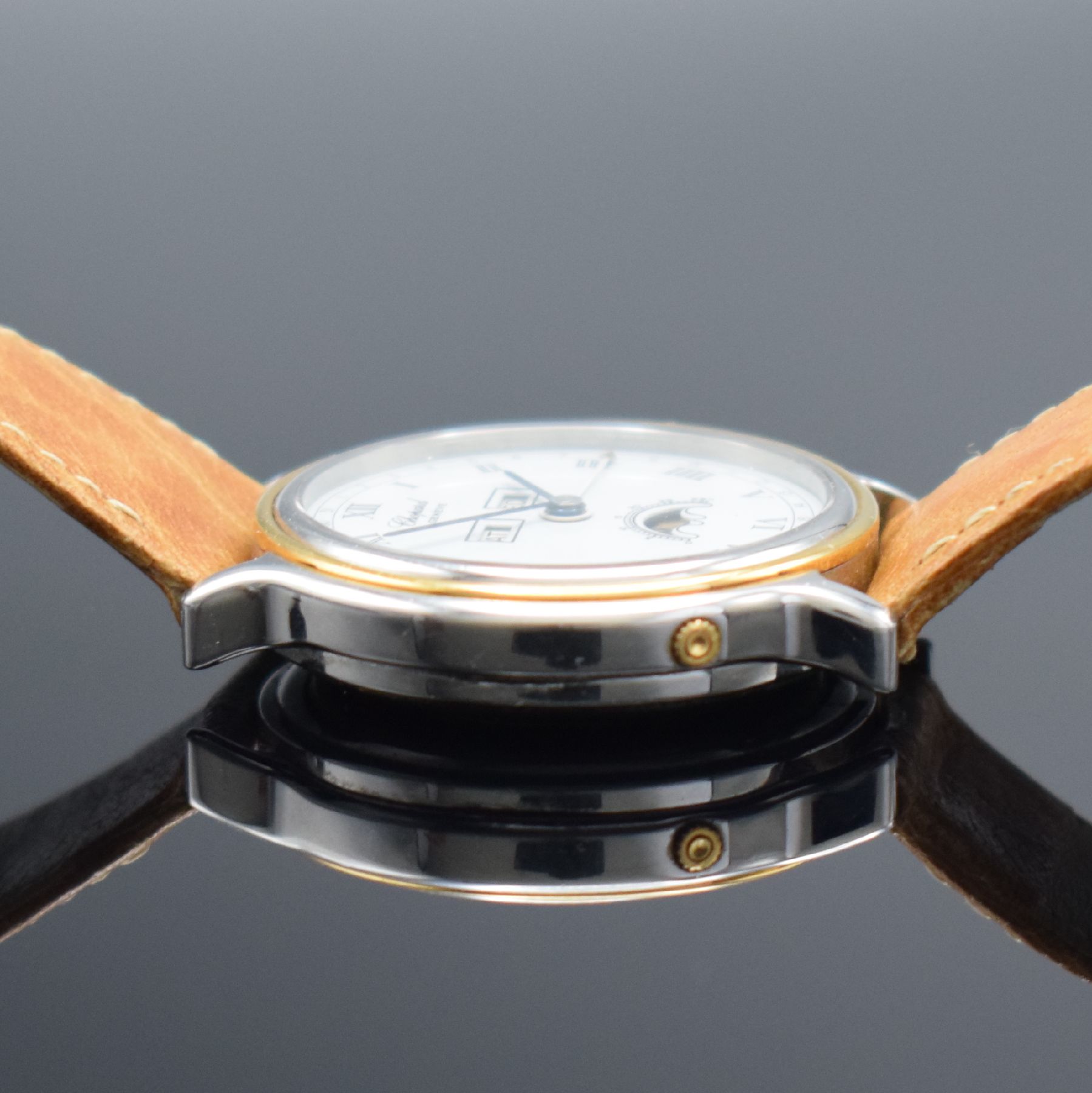 Detail f: CHOPARD Luna D'Oro Armbanduhr mit Vollkalender Referenz 8055 4, Schweiz um 1995, Automatik, 2-teil. Gehäuse in Edelstahl/Gold, Boden aufgedr., ...