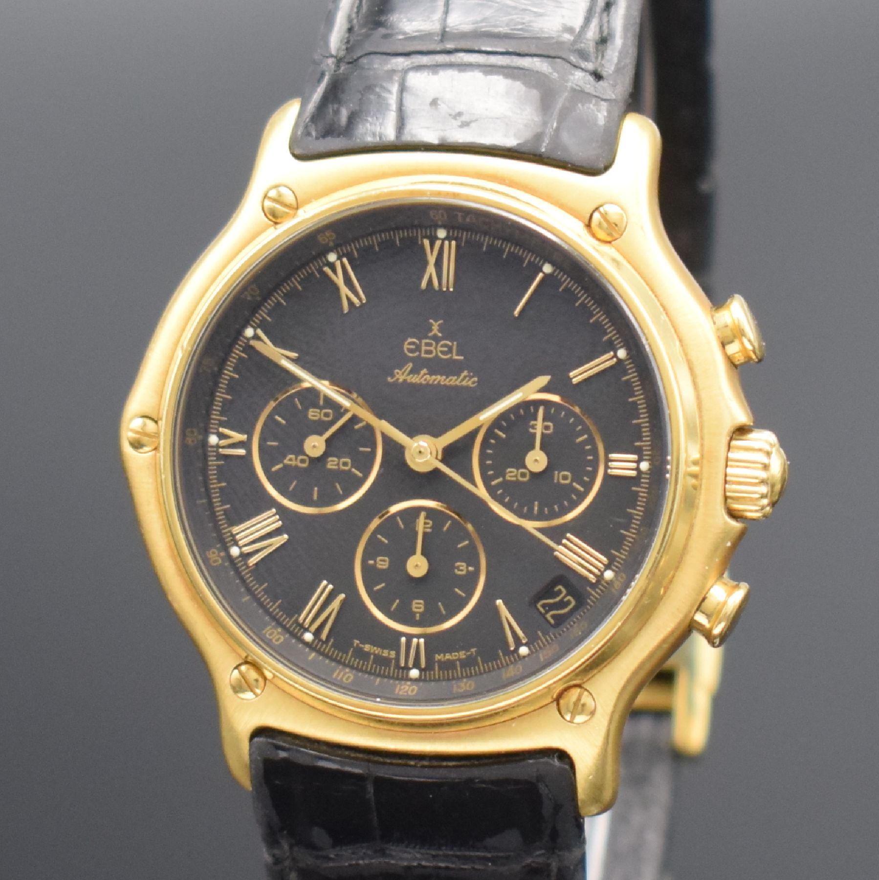 Detail c: EBEL El Primero Schaltradchronograph in GG 750/000, Schweiz um 1995, Automatik, Ref. 8134901, Boden aufgedr., neutr. Lederband m. orig. Faltschl. in ...