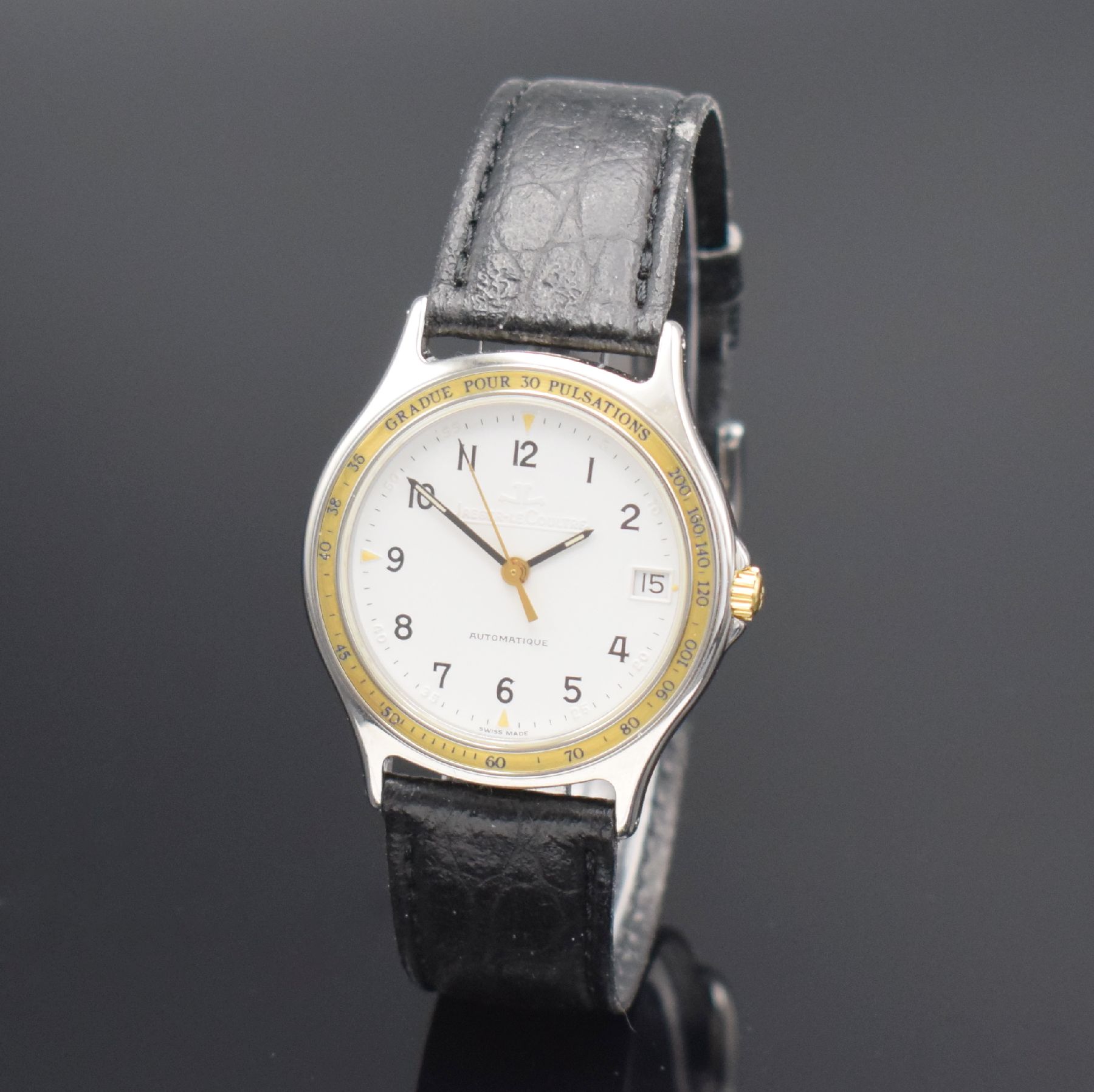 Detail b: Jaeger-LeCoultre Armbanduhr in Stahl/Gold, Schweiz um 1985, Automatik, Ref. 113.5.89, Boden 4-fach verschr., neutr. Lederband m. orig. Dornschl., ...