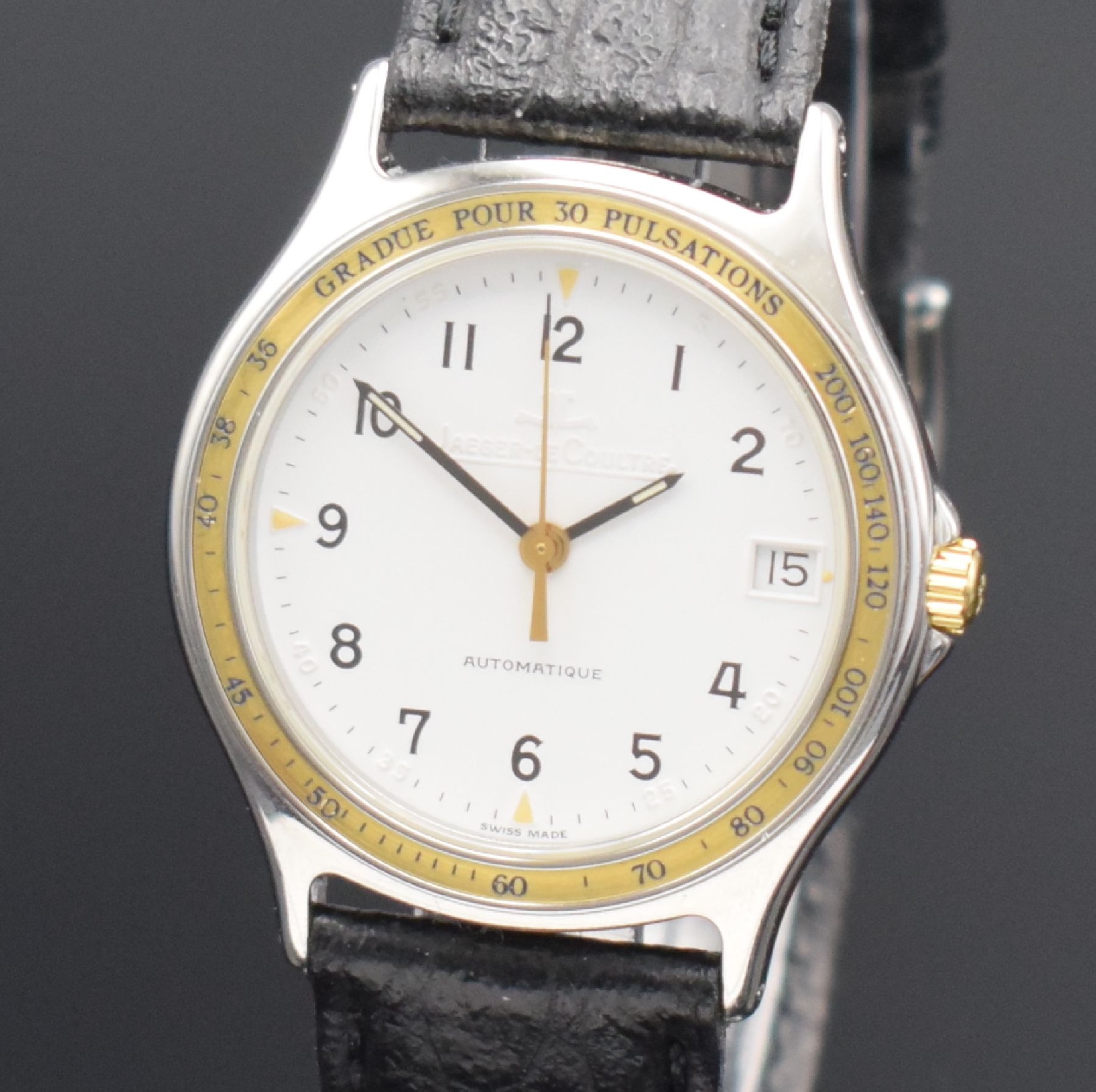Detail c: Jaeger-LeCoultre Armbanduhr in Stahl/Gold, Schweiz um 1985, Automatik, Ref. 113.5.89, Boden 4-fach verschr., neutr. Lederband m. orig. Dornschl., ...