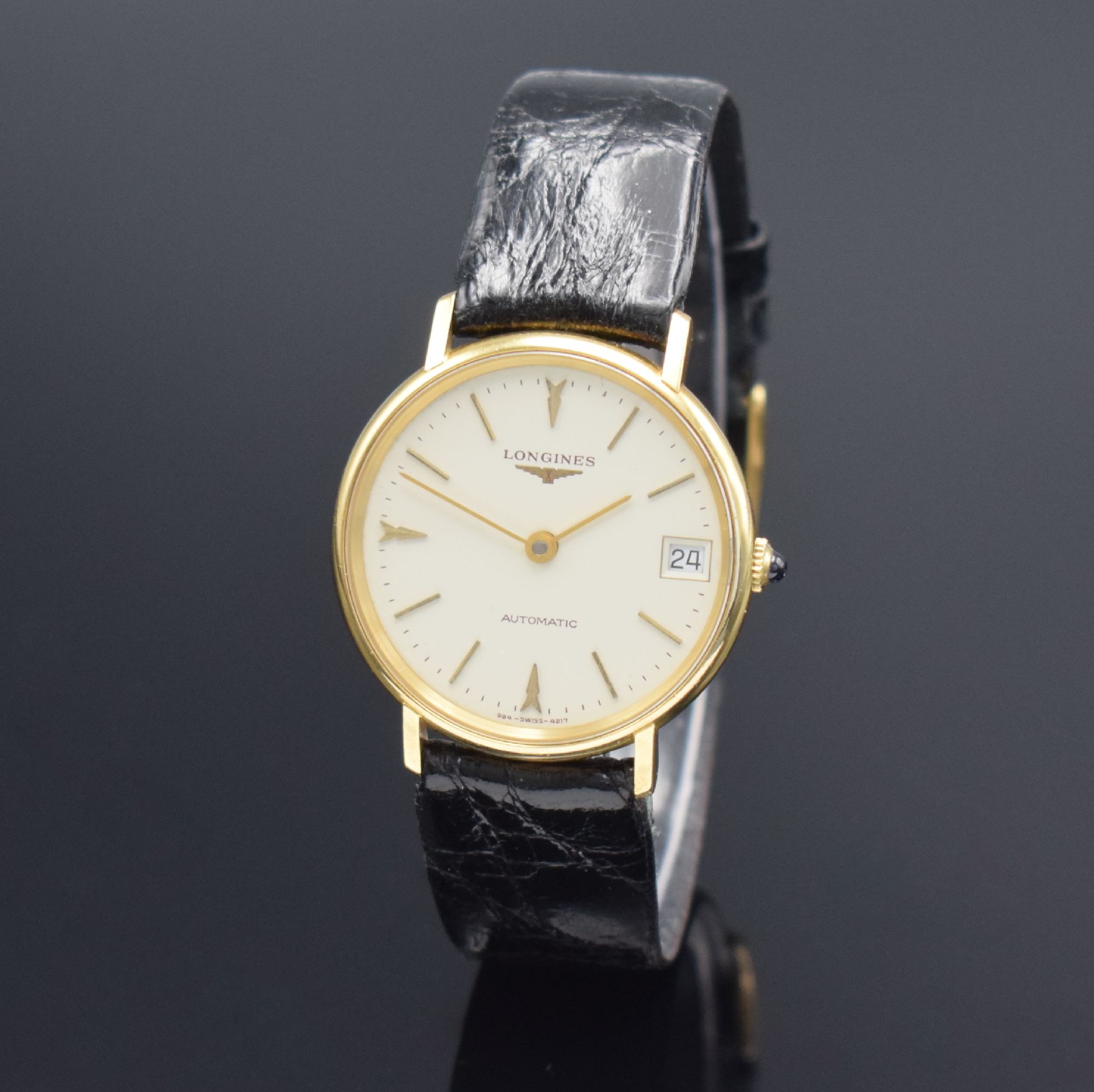 Detail b: LONGINES Damenarmbanduhr in GG 750/000, Schweiz um 1980, Automatik, Boden aufgedr., neutr. Lederband m. verg. orig. Dornschl., Schmuckkrone, ...