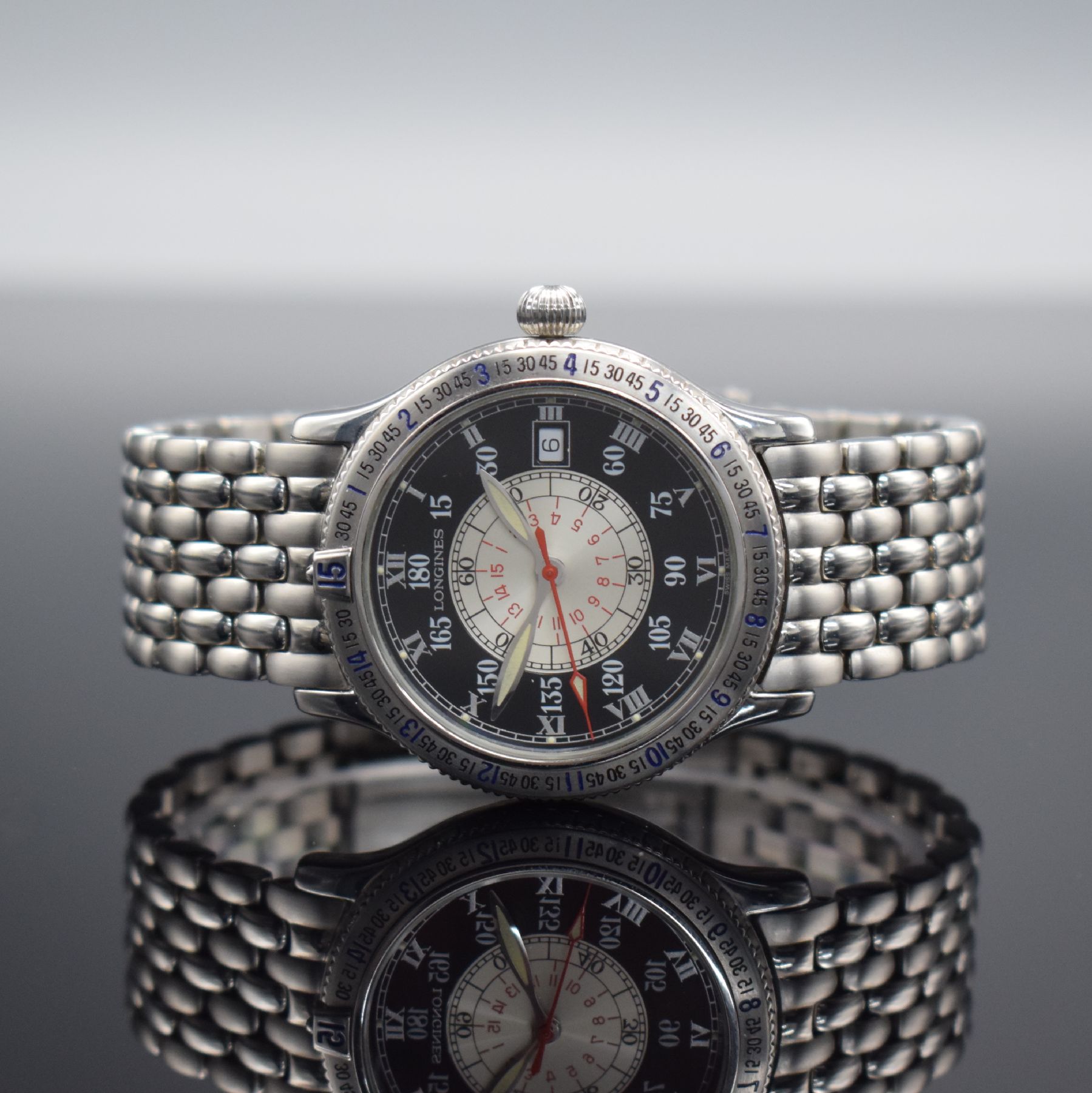 LONGINES Stundenwinkeluhr nach Charles A. Lindbergh sog. Hour Angle Watch in Stahl, Schweiz um 1997, Automatik, Ref. L2.617.4, beids. vergl. Geh., ...