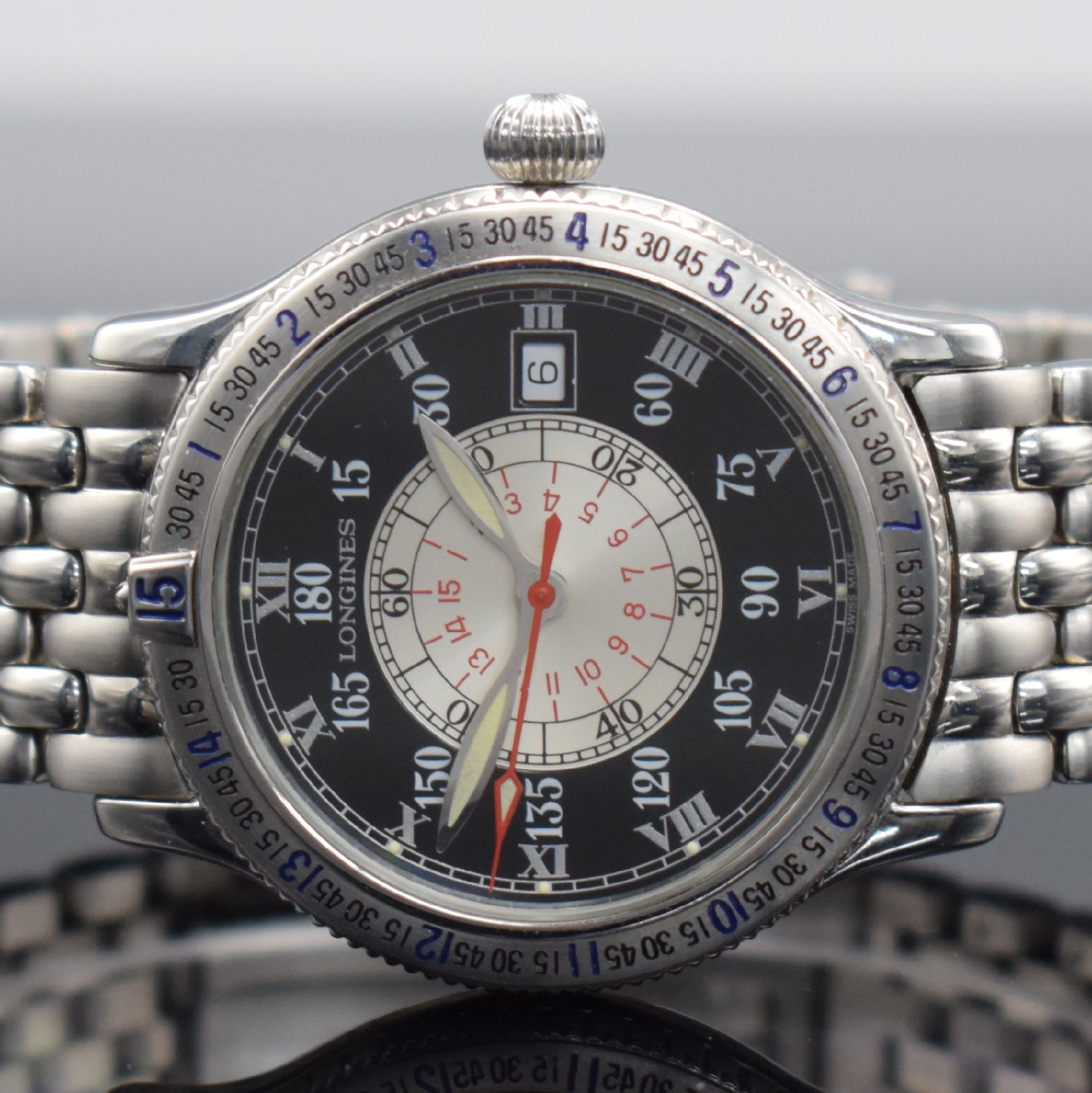 Detail a: LONGINES Stundenwinkeluhr nach Charles A. Lindbergh sog. Hour Angle Watch in Stahl, Schweiz um 1997, Automatik, Ref. L2.617.4, beids. vergl. Geh., ...