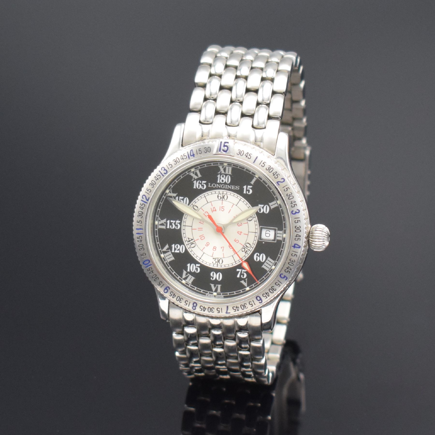 Detail b: LONGINES Stundenwinkeluhr nach Charles A. Lindbergh sog. Hour Angle Watch in Stahl, Schweiz um 1997, Automatik, Ref. L2.617.4, beids. vergl. Geh., ...