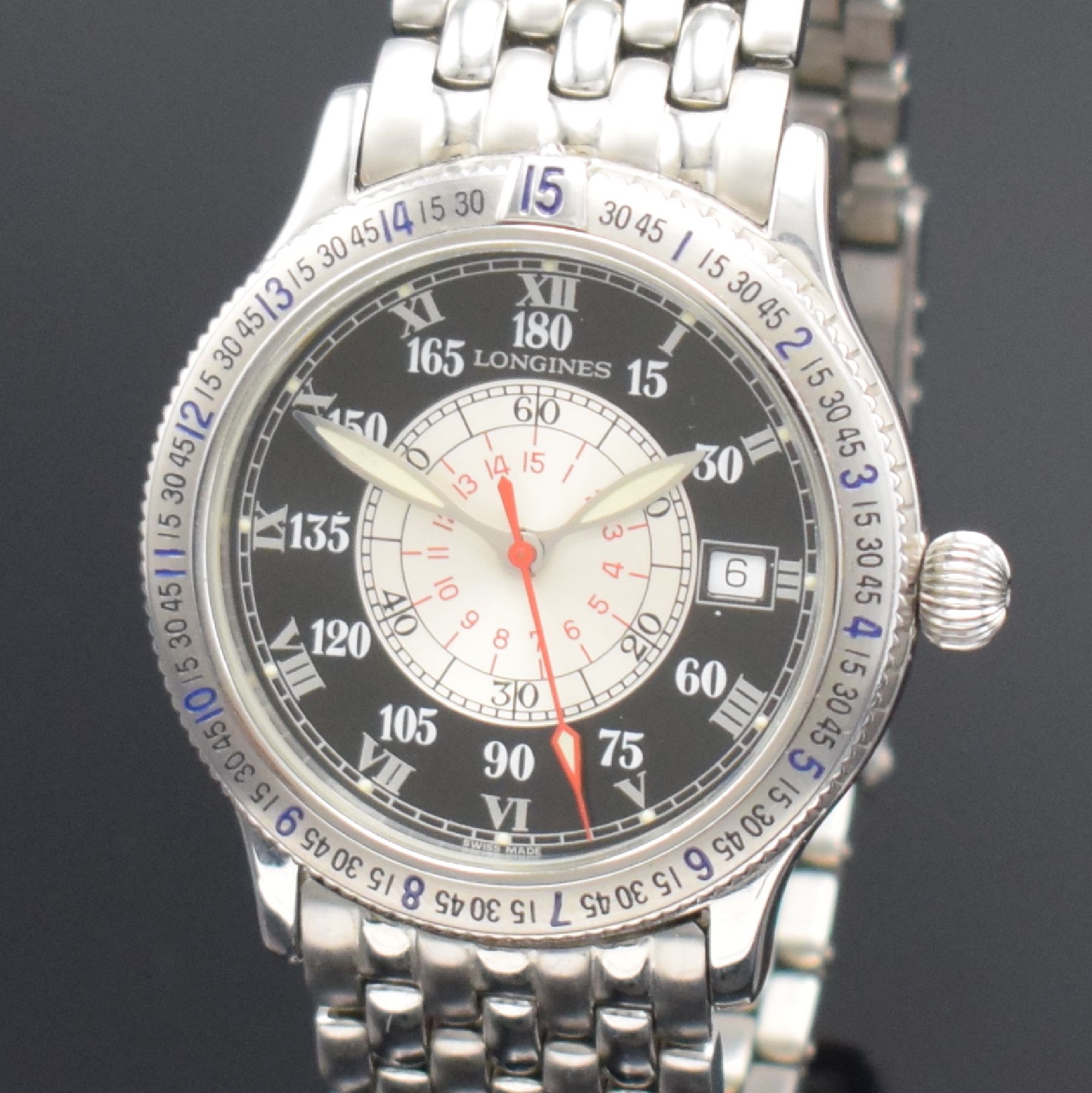 Detail c: LONGINES Stundenwinkeluhr nach Charles A. Lindbergh sog. Hour Angle Watch in Stahl, Schweiz um 1997, Automatik, Ref. L2.617.4, beids. vergl. Geh., ...
