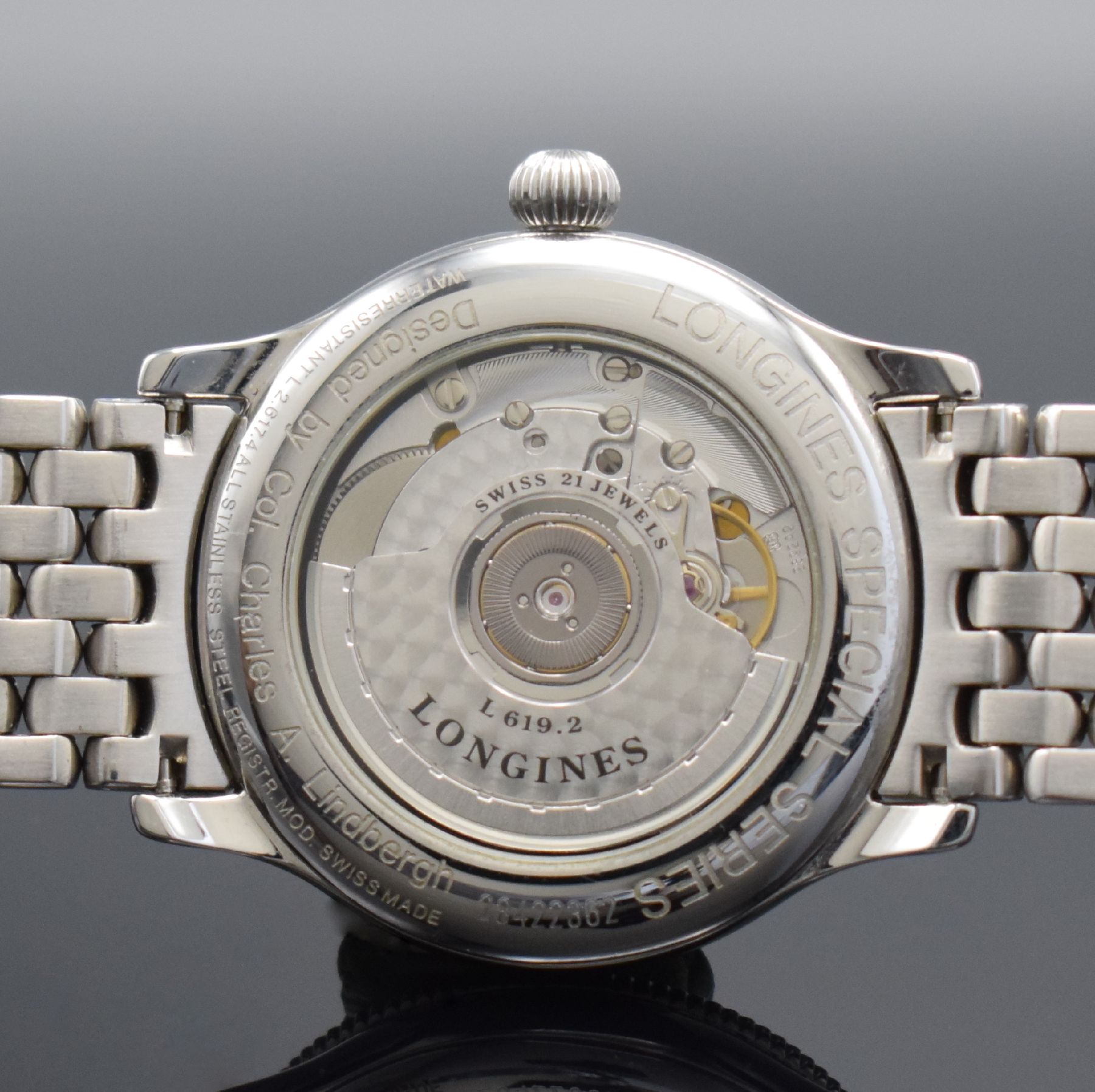Detail e: LONGINES Stundenwinkeluhr nach Charles A. Lindbergh sog. Hour Angle Watch in Stahl, Schweiz um 1997, Automatik, Ref. L2.617.4, beids. vergl. Geh., ...