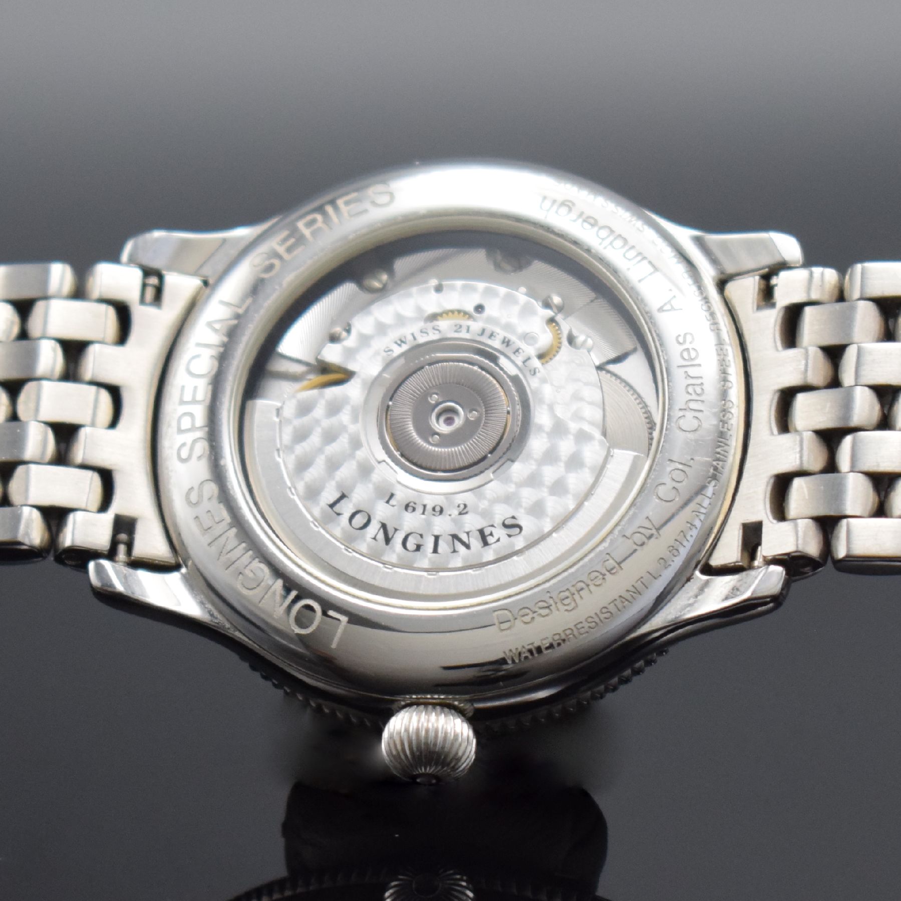 Detail f: LONGINES Stundenwinkeluhr nach Charles A. Lindbergh sog. Hour Angle Watch in Stahl, Schweiz um 1997, Automatik, Ref. L2.617.4, beids. vergl. Geh., ...