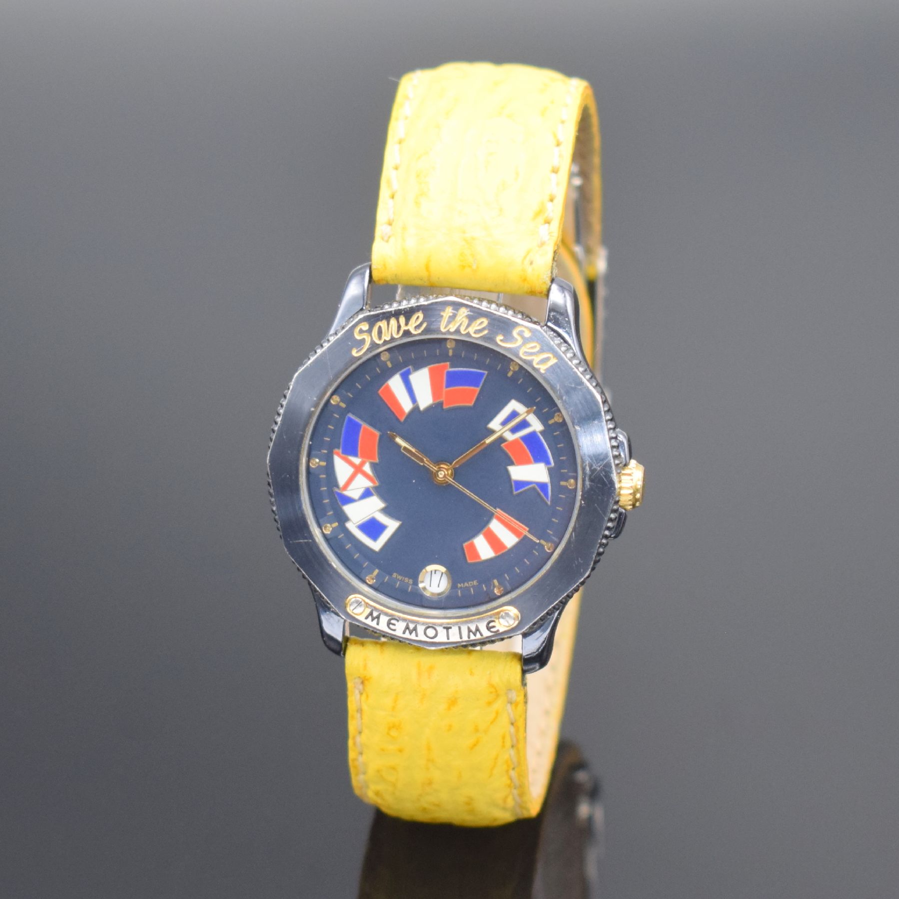 MEMOTIME Save the Sea Armbanduhr im Corum Design, Schweiz um 1995, Automatik, dunkelblau beschichtetes Geh., Boden aufgedr., dunkelblaues Zifferbl. ...