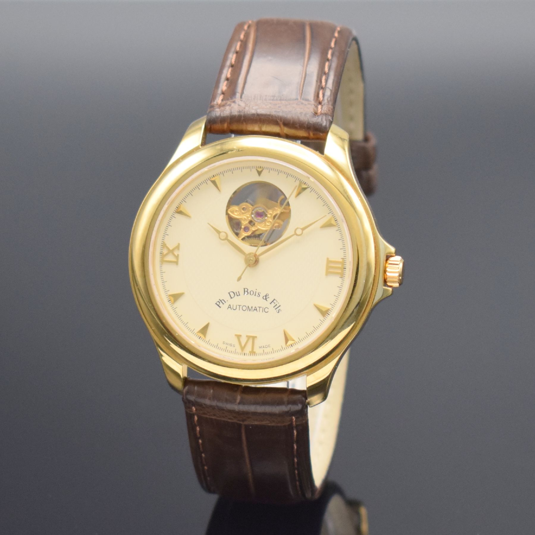 Detail b: PH. DU BOIS & FILS Herrenarmbanduhr in GG 750/000, Schweiz um 2005, Automatik, beids. vergl. Geh., Boden aufgedr., orig. Lederband m. neutr. verg. ...